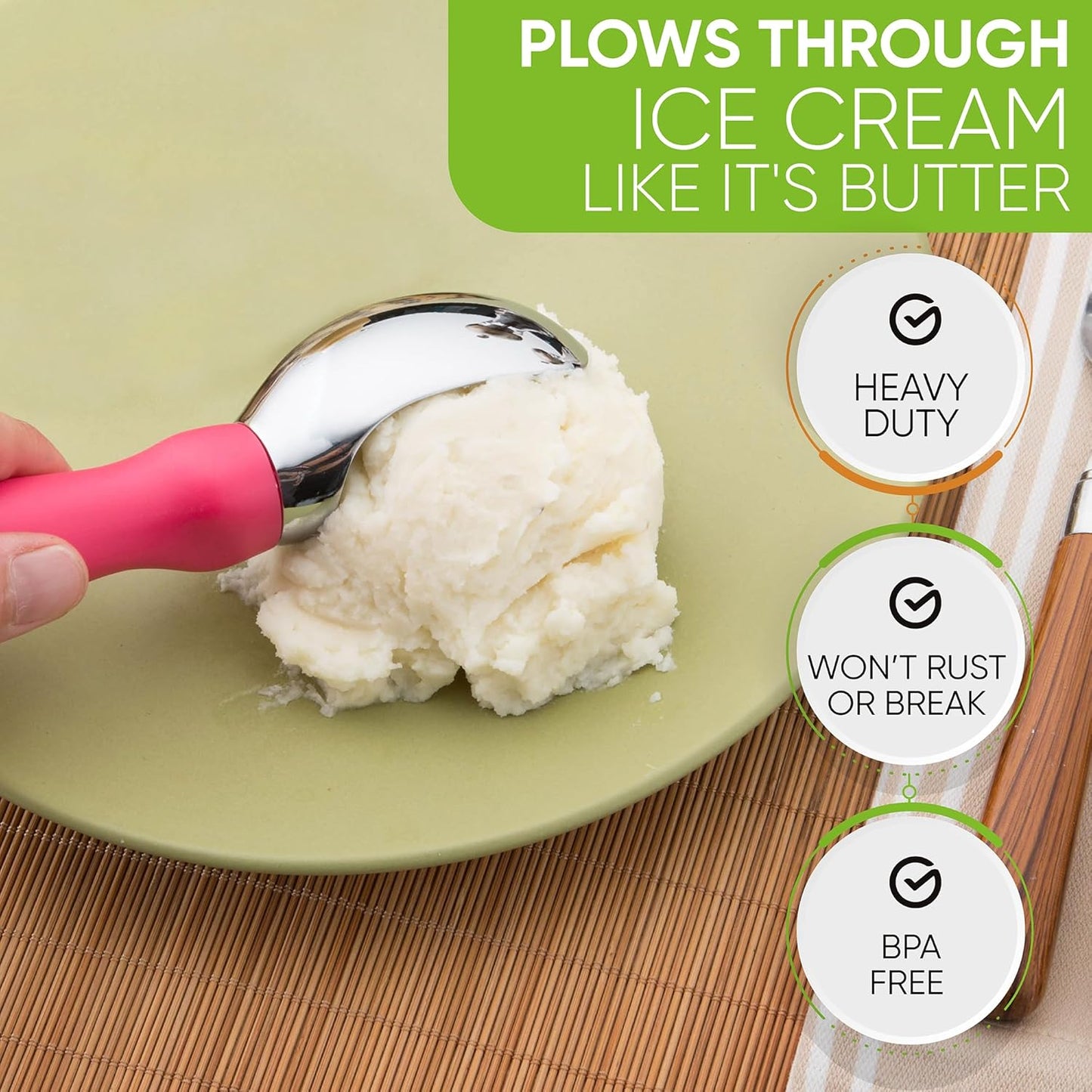 Spring Chef Pink Heavy Duty Ice Cream Scoop with Soft Grip Handle, Professional Ice Cream Scooper, Metal Icecream Spoon for Cookie Dough, Frozen Yogurt, Gelato, Melon - Dishwasher Safe Kitchen Tool