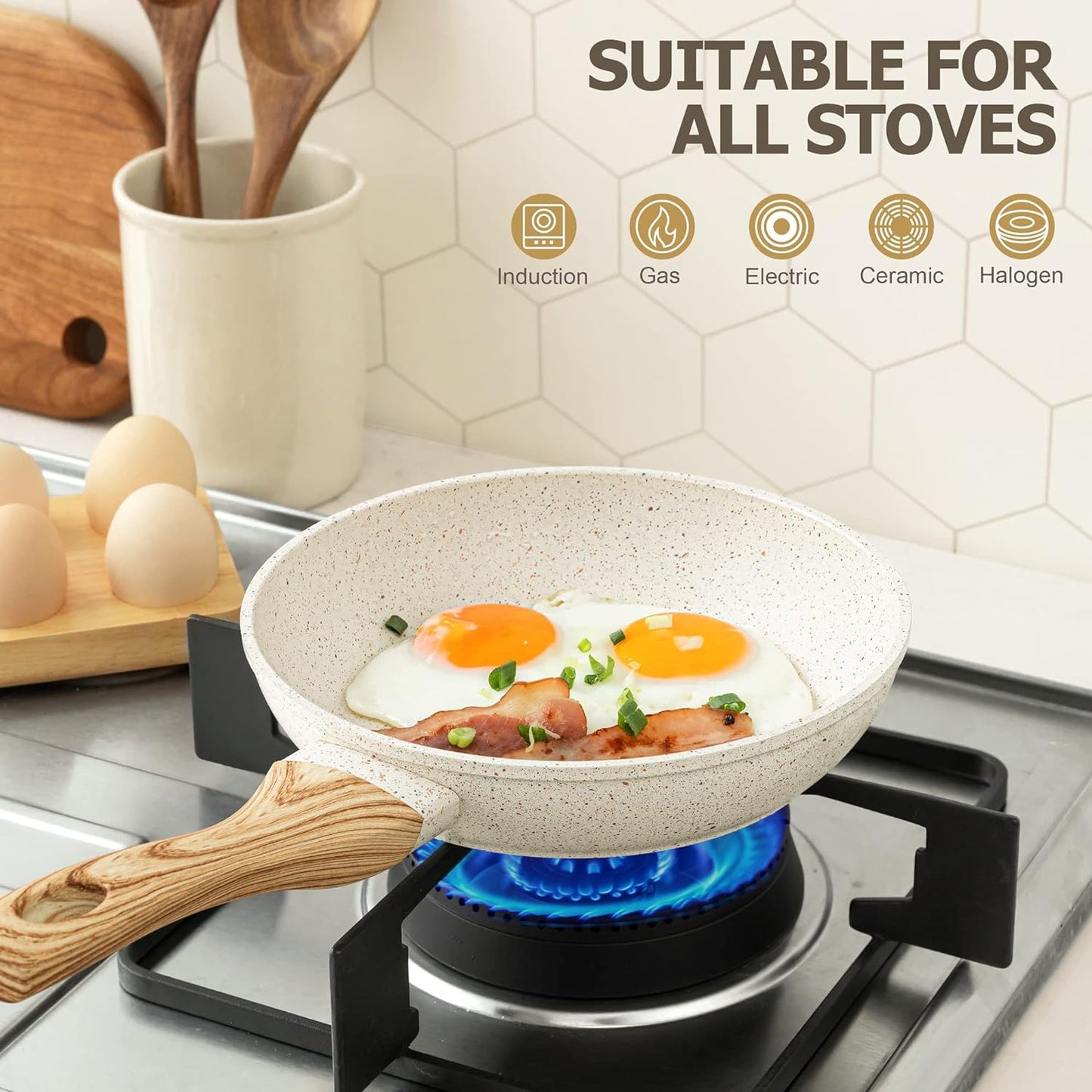 MICHELANGELO Small Frying Pan with Lid, 8 Inch Frying Pan Nonstick with Non-Toxic Coating, Granite Egg Pan with Anti-Scald Handle, Small Pan, White