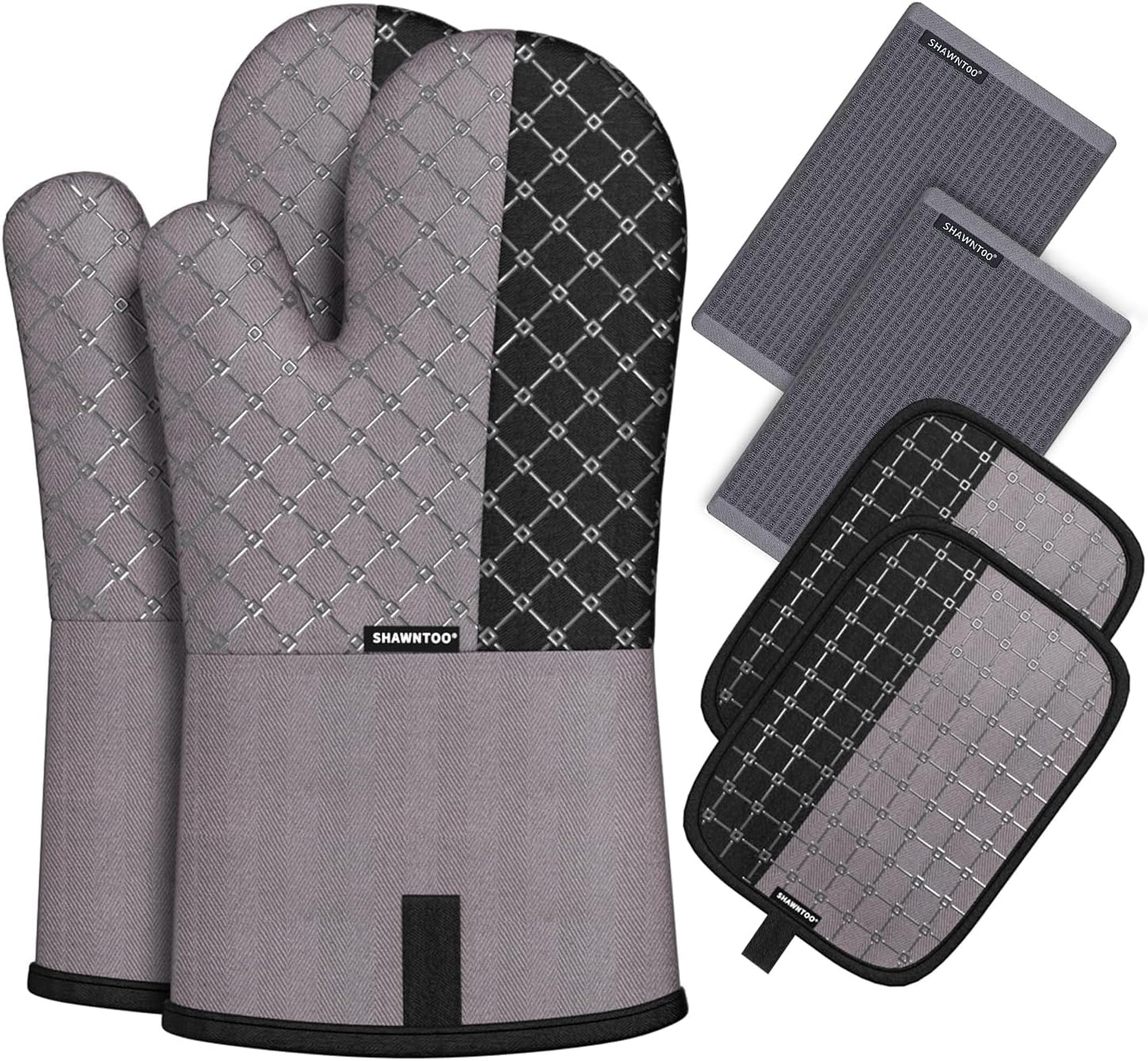 Oven Mitts and Pot Holders Sets 6pcs, Kitchen Oven Glove,High Heat Resistant 550 Degree Extra Long Oven Mitts and Potholders with Non-Slip Silicone Surface for Home Essentials (Grey) (Charcoal Grey)