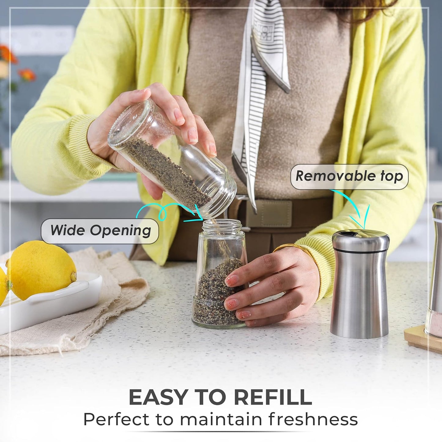 Pepper Shaker or Salt Shaker with Adjustable Pour Holes - Elegant Stainless Steel Spice Dispenser - Perfect for Himalayan, Table Salt, White and Black Pepper (Pepper Shaker)