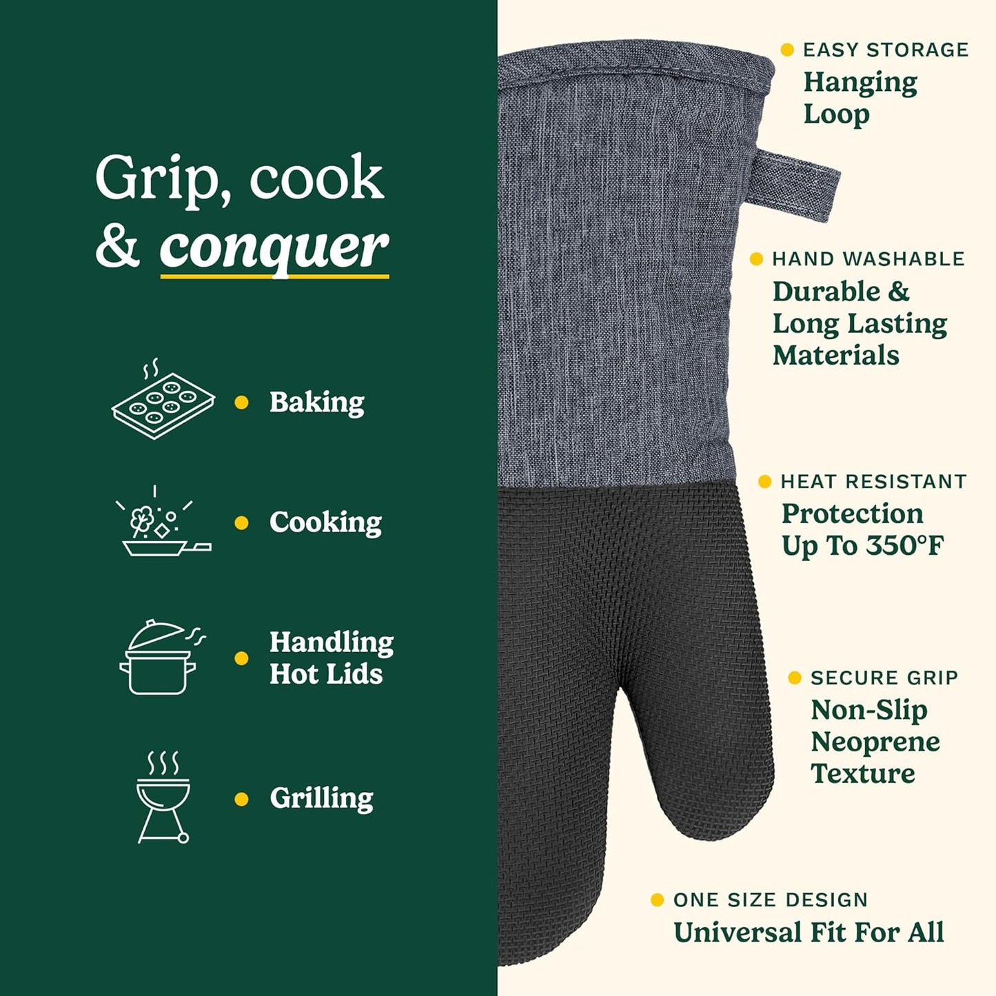 Cuisinart Kitchen Oven Mitts – Heat-Resistant Kitchen Mitts for Oven with Non-Slip Neoprene Palm, Long Cuff, and Cotton Filling – Durable Oven Gloves for Cooking, Baking, & Grilling (Chambray)