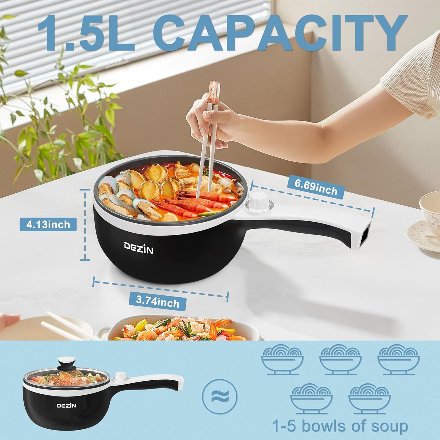 Dezin Hot Pot Electric with Steamer Upgraded, Non-Stick Sauté Pan, Rapid Noodles Electric Pot, 1.5L Mini Pot for Steak, Egg, Fried Rice, Ramen, Oatmeal, Soup with Power Adjustment