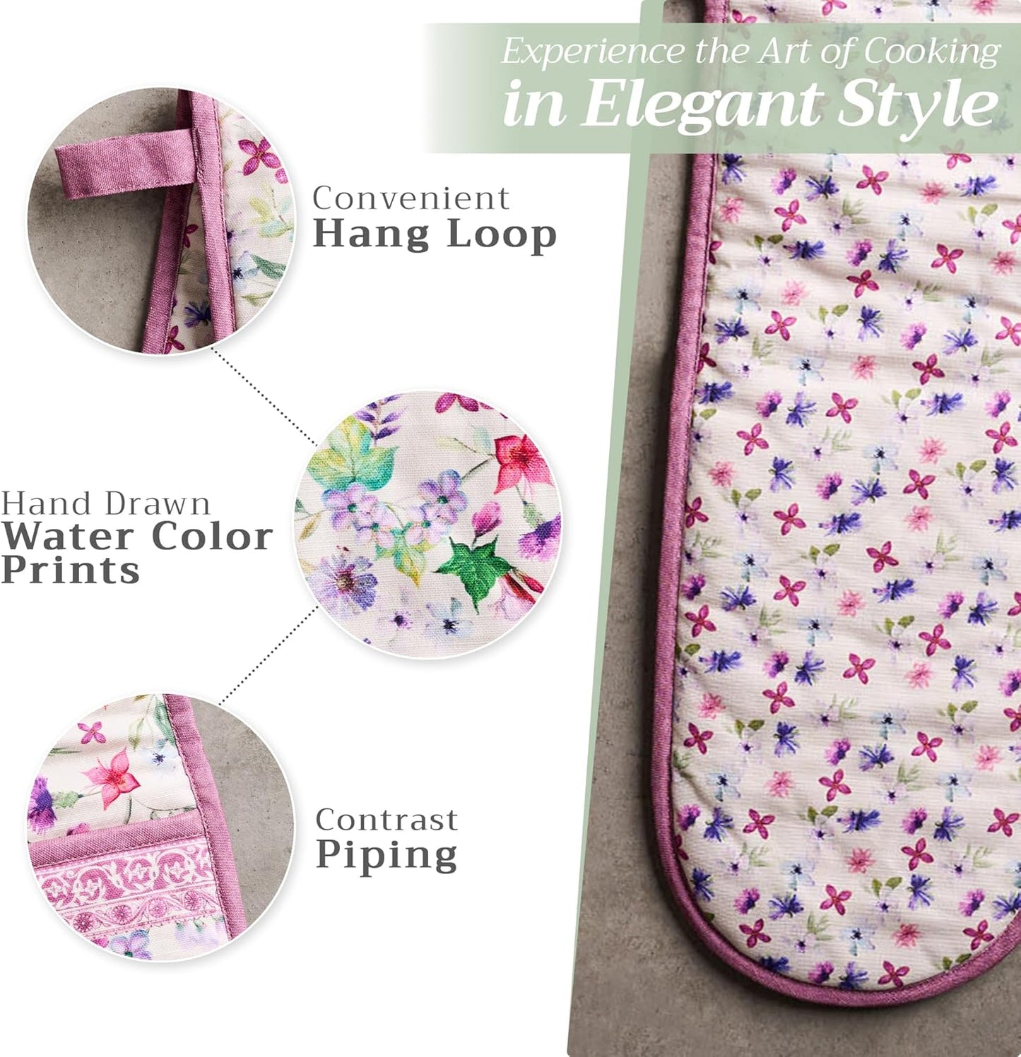 Maison d' Hermine Double Oven Mitts 100% Cotton 7"x35" Double Oven Mitt Heat Resistant BBQ Cooking Gloves with Loop, Baking, Grilling, Home, Kitchen, Handling Hot Pans Spring Summer (Chardon)