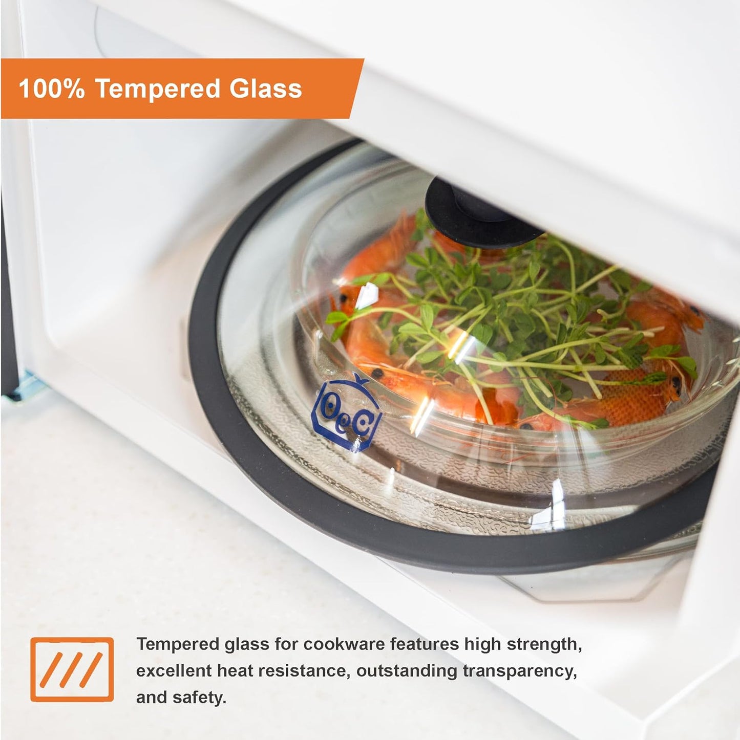 OEC Vented Splatter Guard Microwave Glass Cover with Easy-Grip Handle - 100% Food Grade Tempered Glass & BPA Free Silicone Rim. Compatible with Plates, Dishwasher Safe - 12.5” Diameter – Black