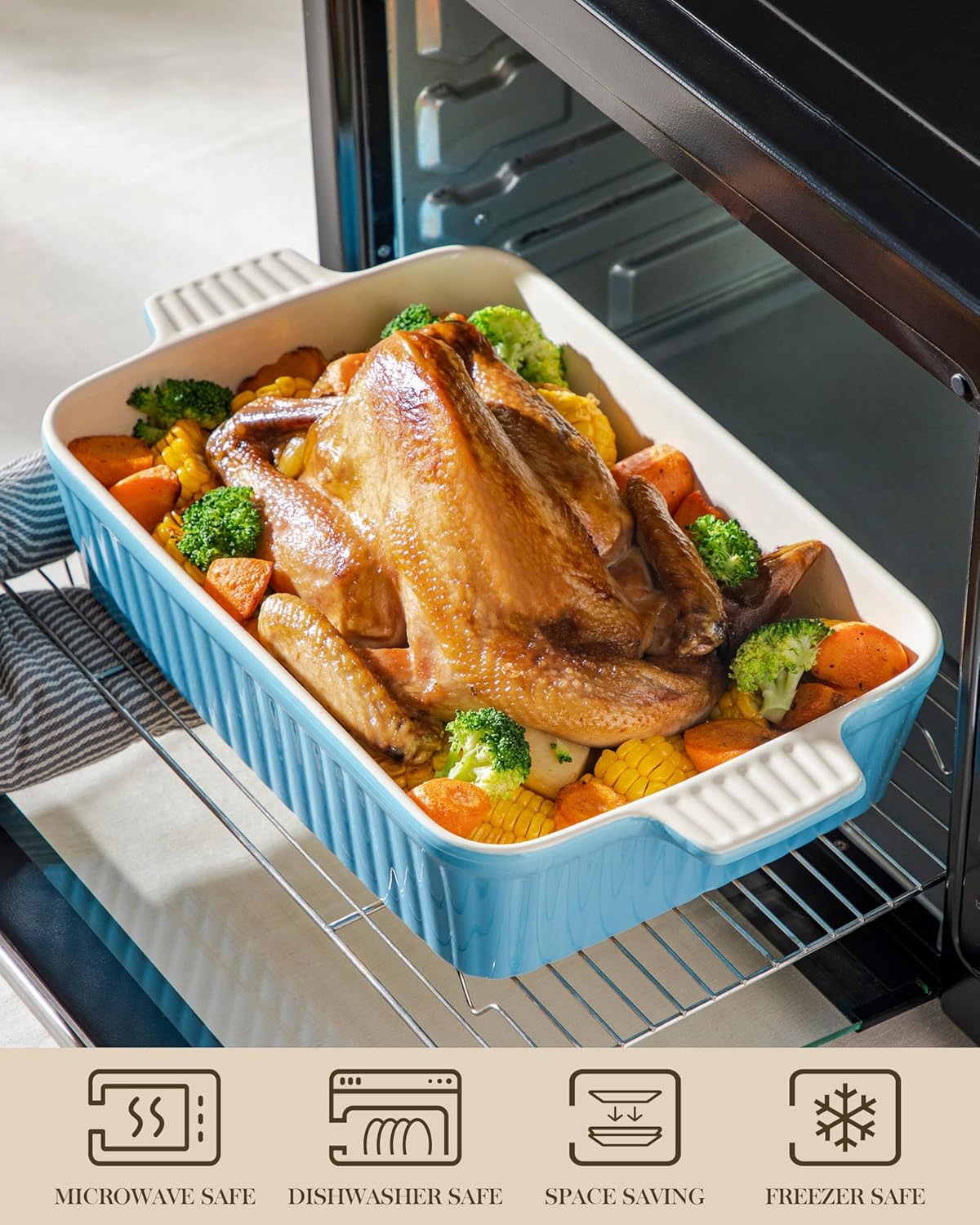 MALACASA 4.4 QT Baking Dish, 9x13 Large Casserole Dish for Oven, Ceramic Baking Pan, Rectangular Lasagna Pan Deep with Handles for Baking, Durable Microwave Oven Safe, Blue, Series BAKE-BAKE