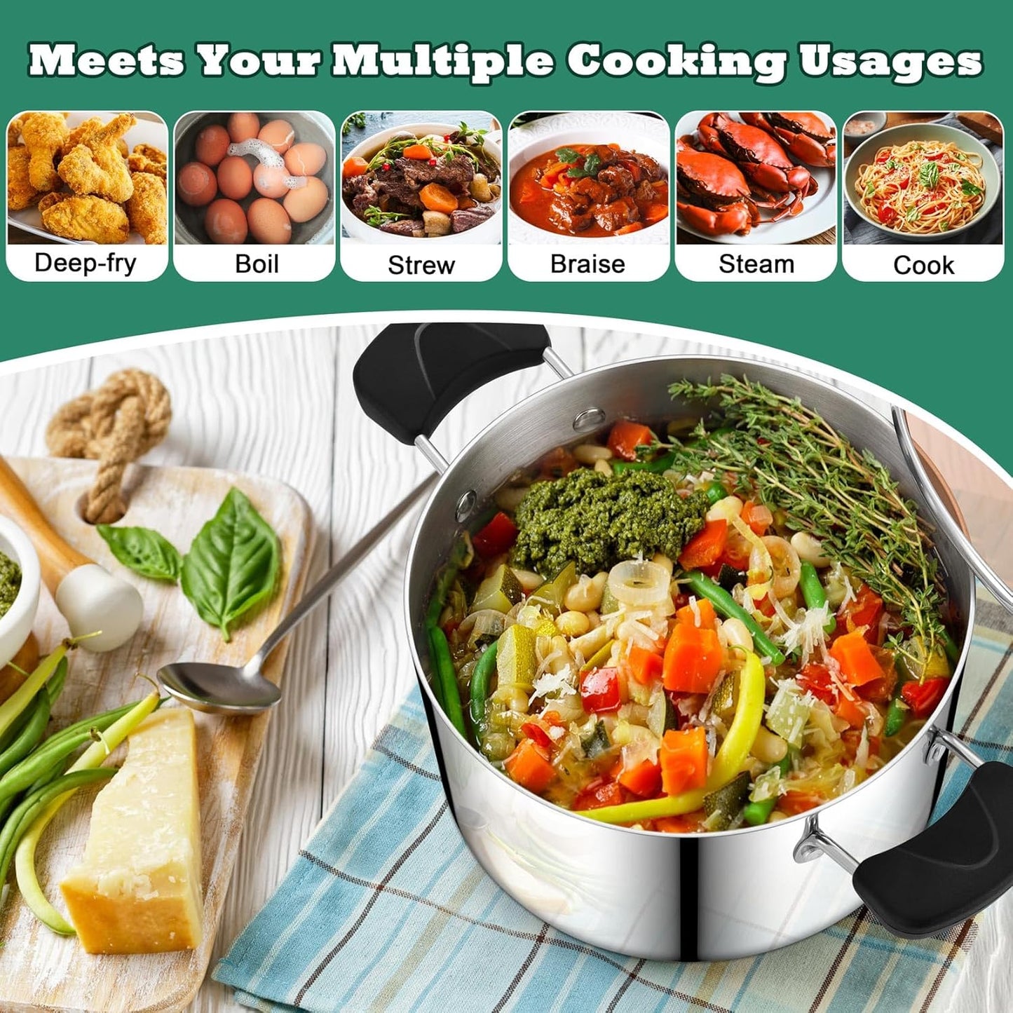 6 Quart Cooking Pot Stockpot with Lid, P&P CHEF Tri-ply Stainless Steel Pot for Pasta Soup, Work on Multi Stove Tops, Heat-resistant Pot Handles, Heavy-Duty & Dishwasher Safe