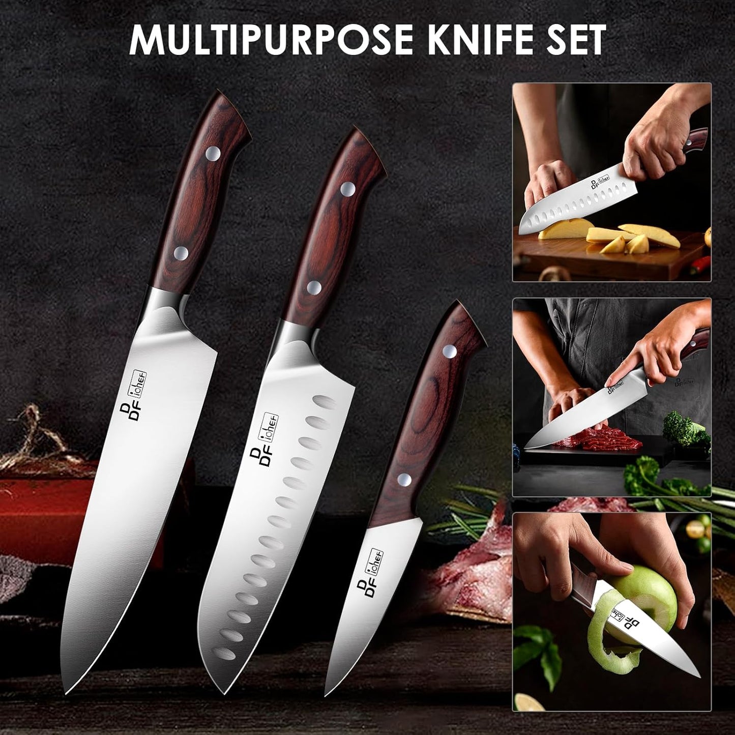 DDF iohEF Knife Set 3 Piece, Sharp Kitchen Knife Set Professional Chef Knife Set for Kitchen Japanese Stainless Steel Cooking Knives with Ergonomic Pakkawood Handle