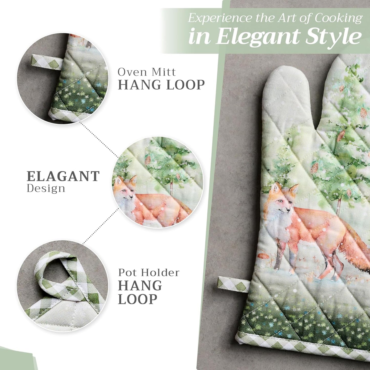 Maison d' Hermine 100% Cotton Oven Mitt & Pot Holder Set (7.5"x13" & 8"x8") Heat Resistant BBQ Cooking Gloves with Loop, Baking, Grilling, Kitchen, Handling Hot Pans (Winter Mornings)