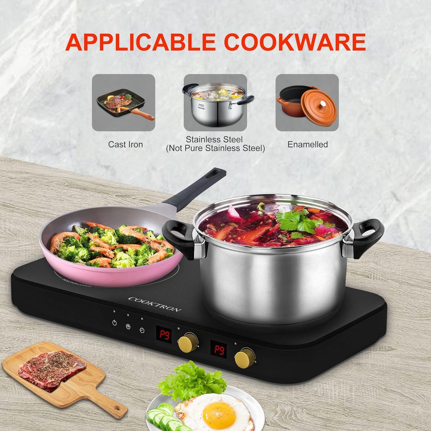 Portable Induction Cooktop 2 Burner with Removable Iron Cast Griddle Pan Non-stick, 1800W Double Induction Cooktop with Child Safety Lock & Time, Great for Family Party