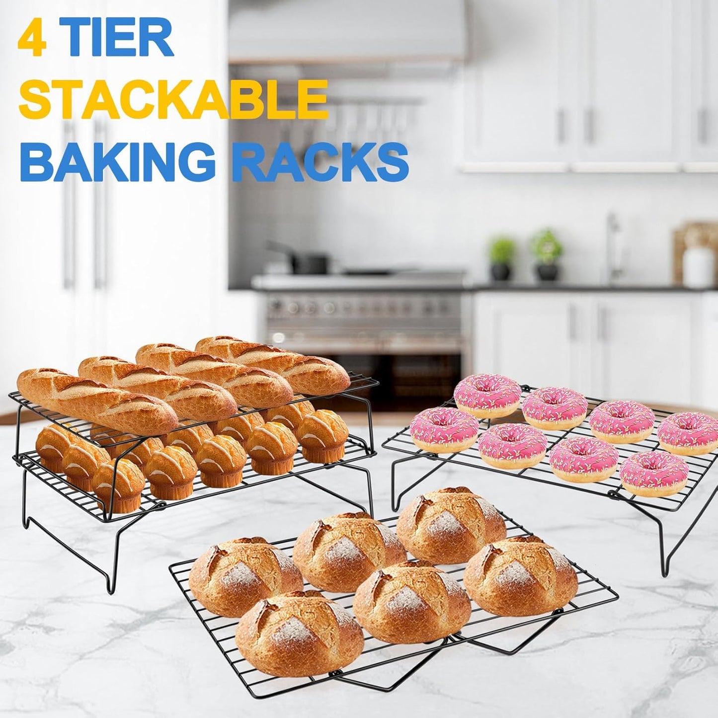 P&P CHEF 4-Tier Cooling Rack Set, Stainless Steel Stackable Baking Cooking Racks for Cooling Roasting Cooking, Raised & Folding Feet, Oven Safe & Easy Clean, 15" x 10", Black