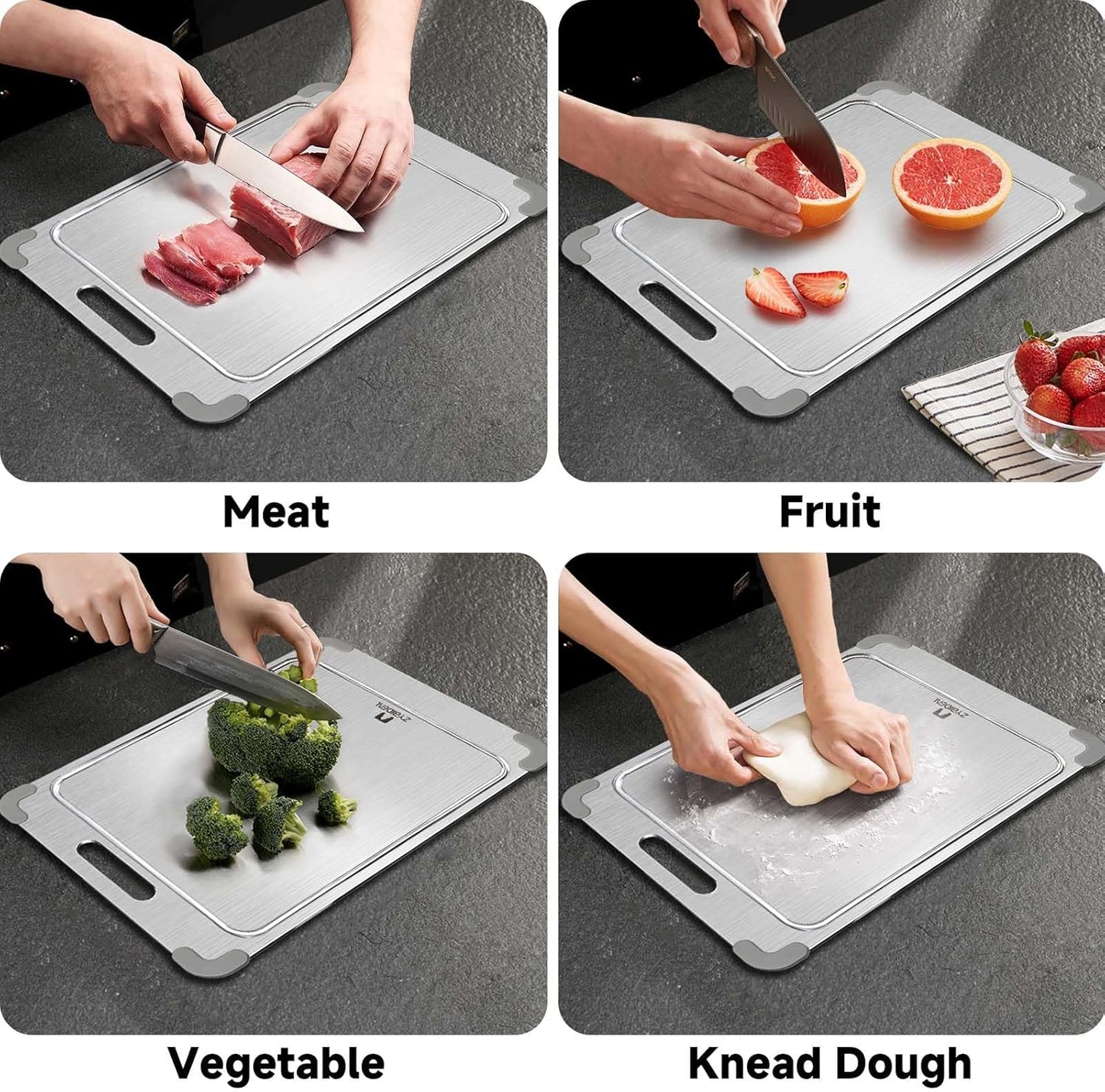 100% Pure Titanium Cutting Board with Grooves, Update Double Side Titanium Chopping Board, Silicone Anti-slip Stainless Cutting Boards for Kitchen 11 * 15 IN, Grey