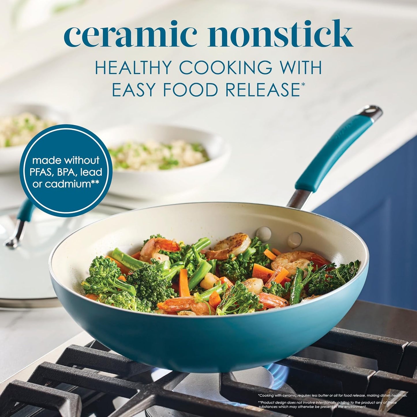 Rachael Ray Cucina Ceramic Nonstick Stir Fry Pan and Lid, 11 Inch Non Stick Wok Pan, Dishwasher Safe - Marine Blue