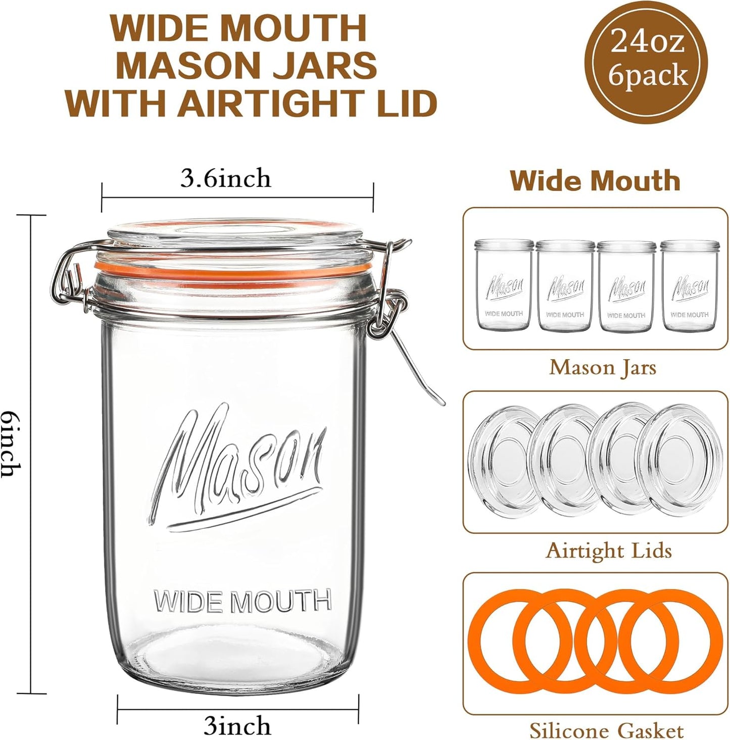 24oz Wide Mouth Mason Jars – 6 Pack Glass Jars with Airtight Lids for Canning, Pickling, Meal Prep, Jam, Jelly, Overnight Oats & DIY Projects