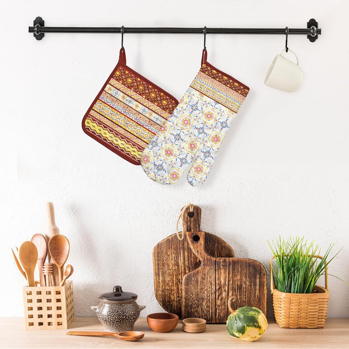 Boho Floral Oven Mitts and Pot Holders Sets 2Pcs, 100% Cotton Heat Resistant, Extra Long Oven Gloves Potholder for Kitchen Cooking Baking Decoration