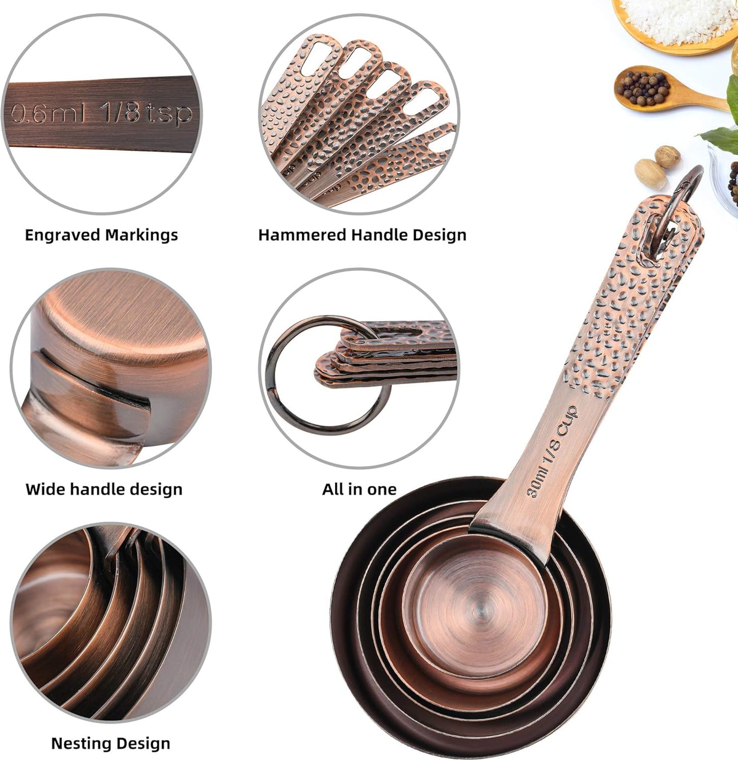 Copper Measuring Cups and Spoons - 6 Plated Cups, 7 Metal Spoons, 1 Leveler - Dry Measure Set