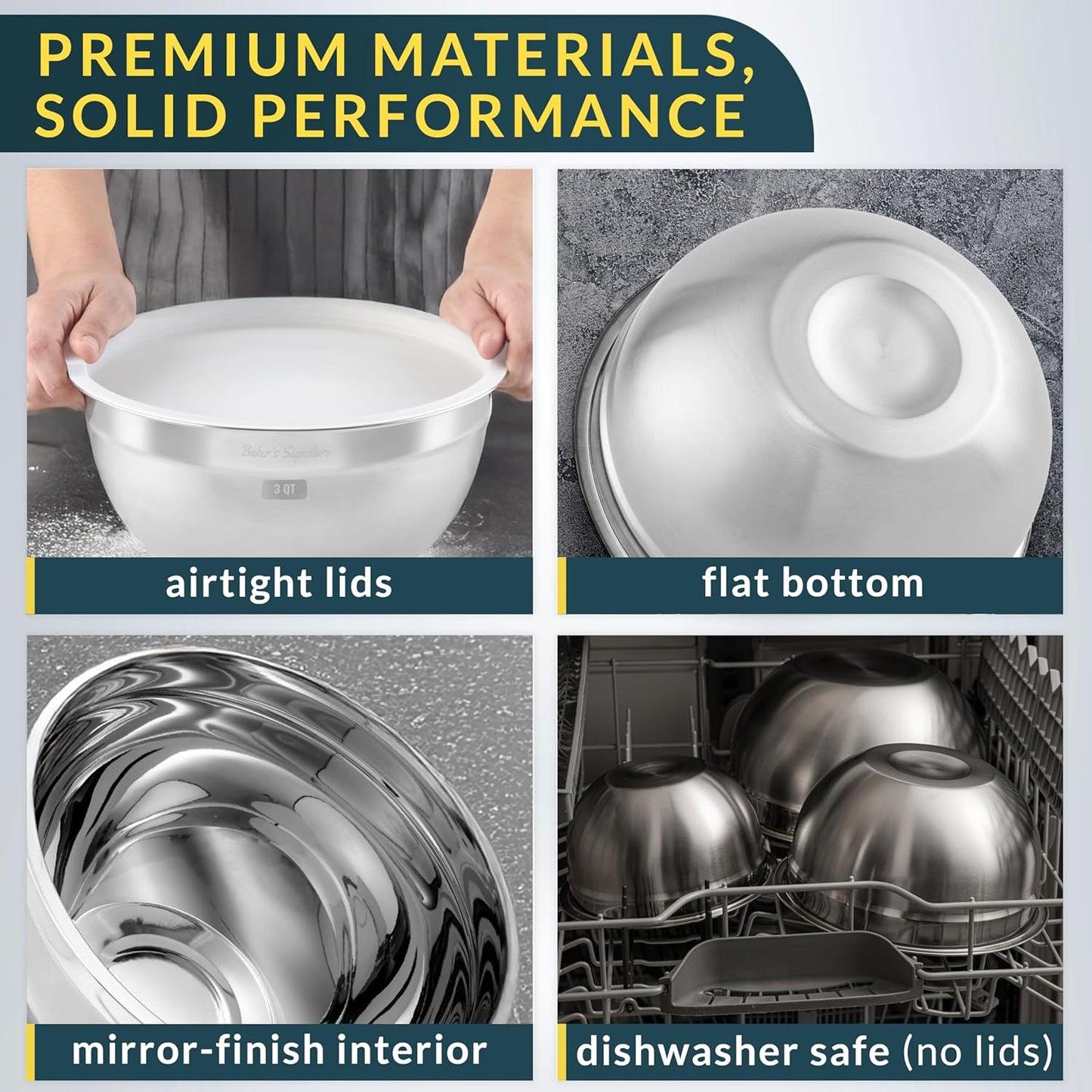 Baker's Signature Stainless Steel Mixing Bowls With Lid, Metal Mixing Bowl Set Of 3, Nesting Set For Food Prep, Baking,Storage, Cooking, Serving | Dishwasher Safe, Silver, 1.5/3/5 Qt