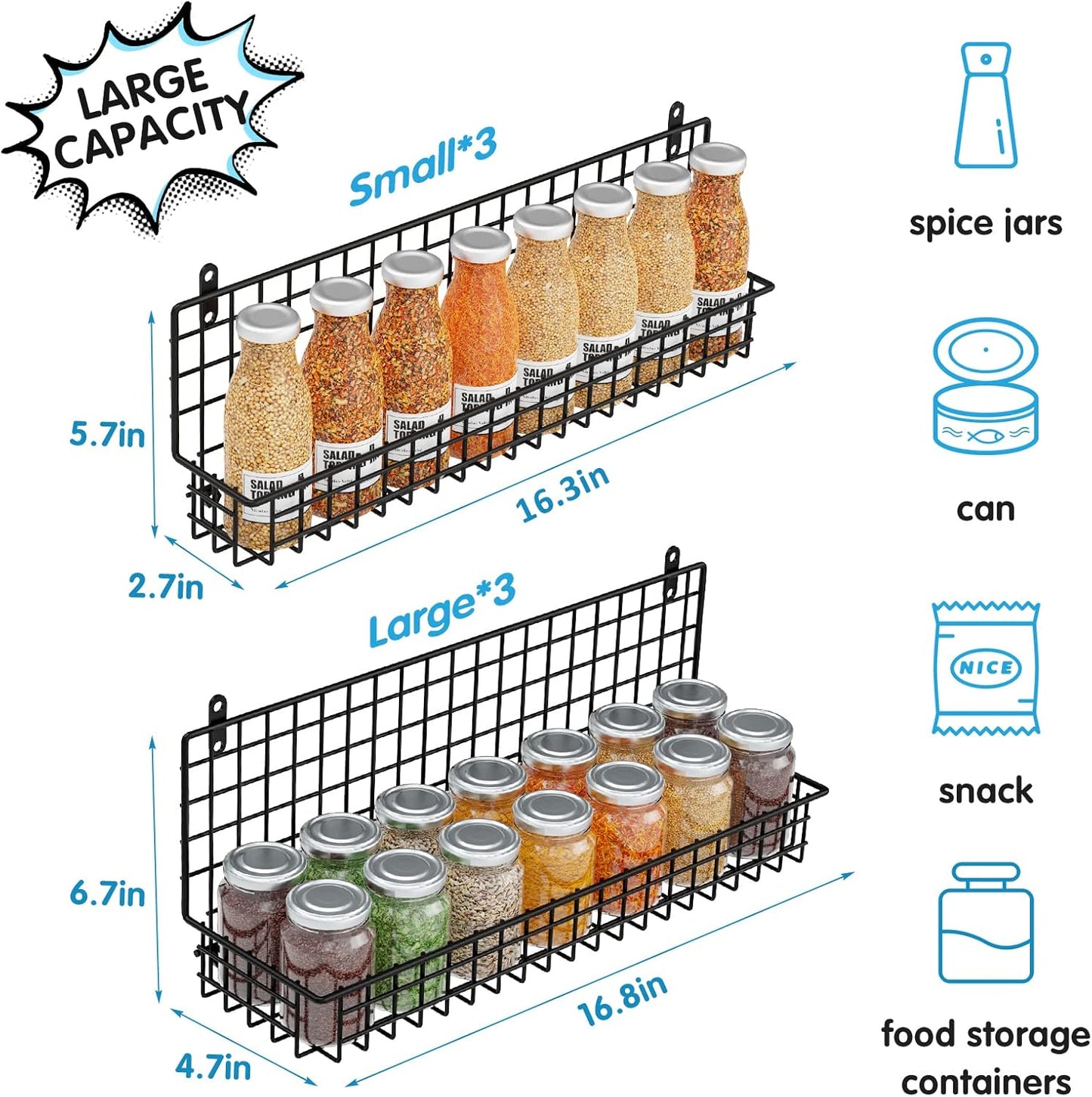 JKsmart 6-Tier Spice Rack Organizer with Door Hook, Wall Mounted & Over the Door Spice Racks for Kitchen Pantry Door Cabinet, Two Size, Large Capacity, Black