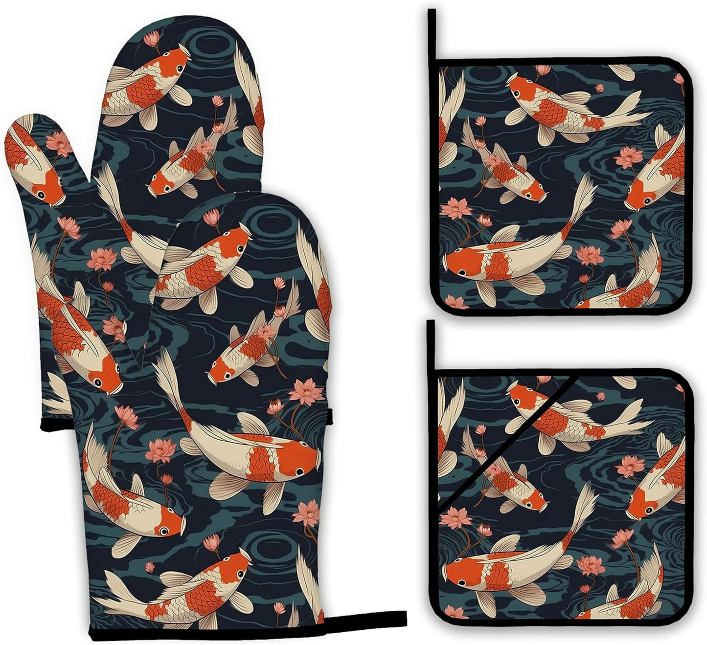 Goldfish Flower Japanese Oven Mitts and Pot Holders,Heat Resistant Oven Mitts Gloves and Pot Holder for Home Kitchen Decorations Cooking Baking BBQ Gifts,Set of 4