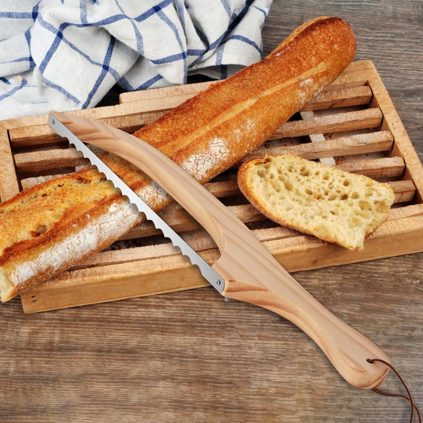 16 inch Wooden Sourdough Bread knife, Serrated Bread Slicer for Homemade Bread, Bagels, and Baguettes