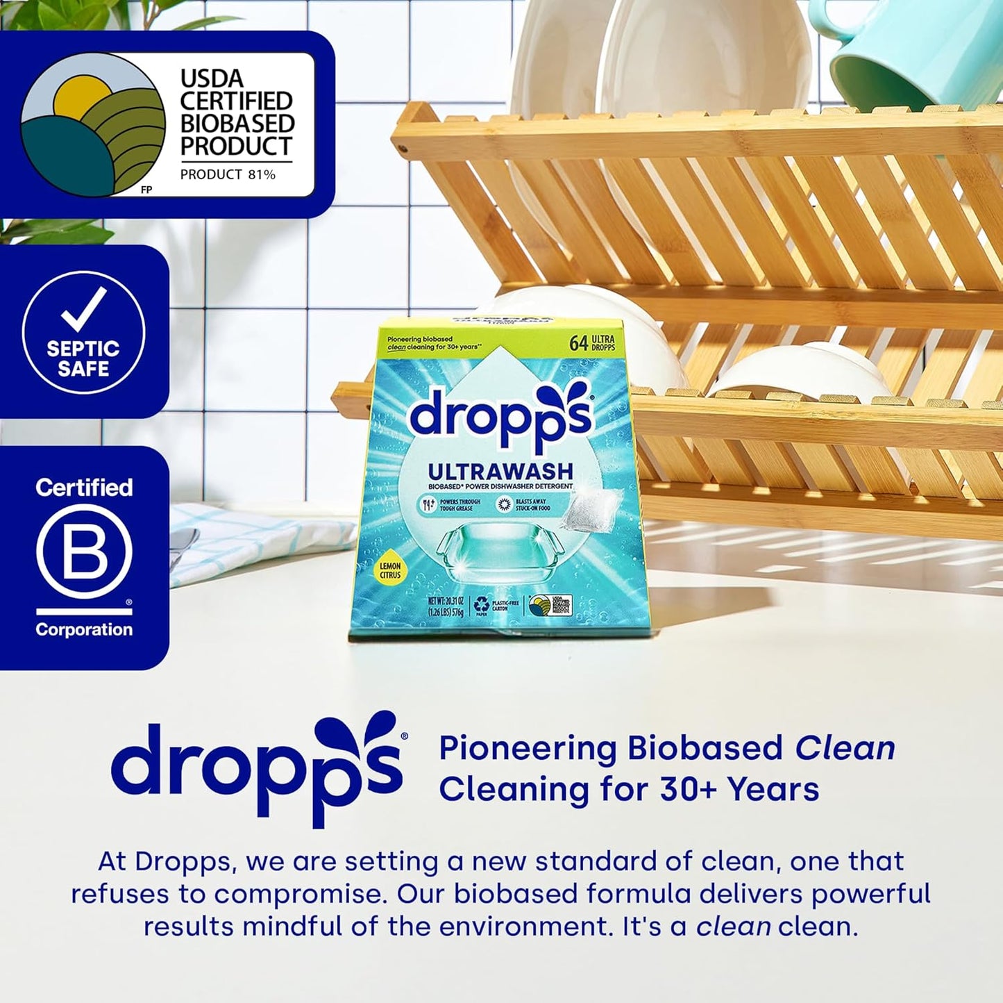 Dropps UltraWash Dishwasher Pods, Unscented (64 Count) - Biobased Power Deep Clean Dishwasher Detergent Tablets for Sparkling Shiny Dishes - No Rinse Aid or Pre-Wash Needed - Dishwashing Pods