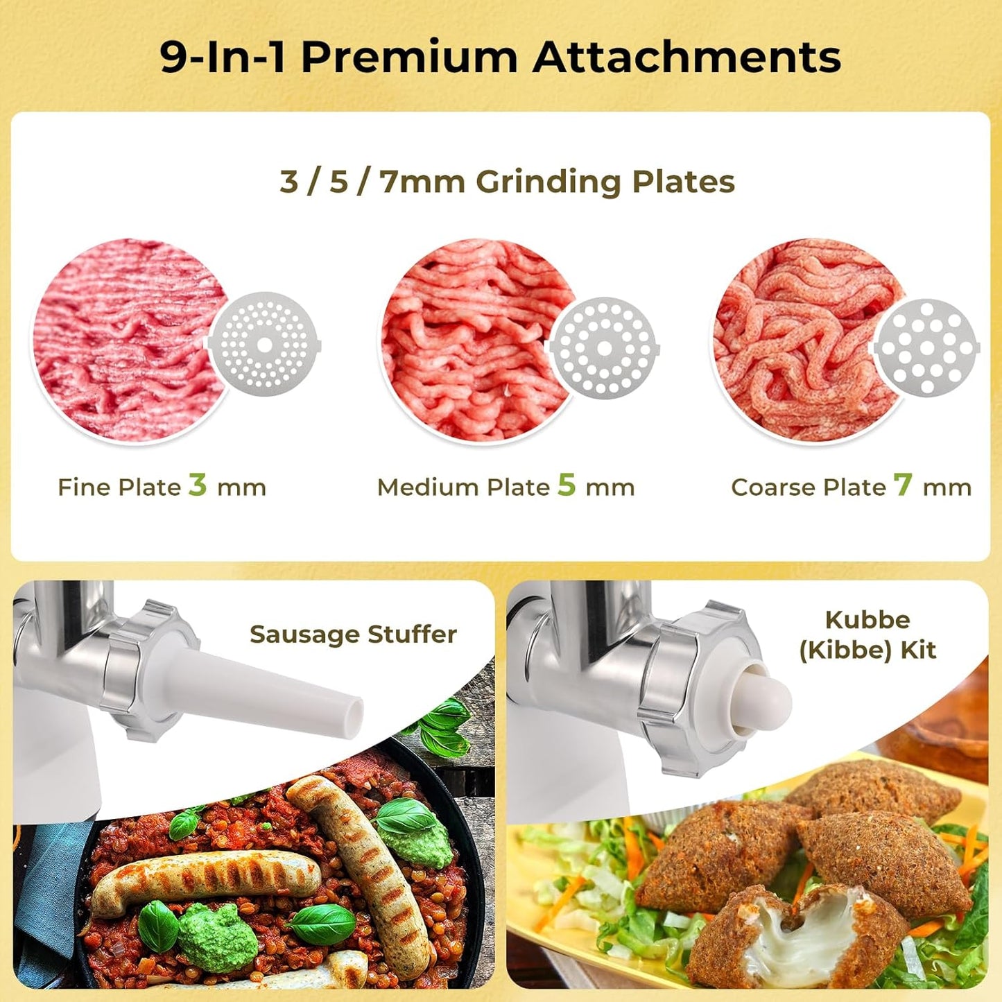 Meat Grinder Electric 9-In-1 Grinder 1700W For Meat with Attachments Sausage Maker, Kubbe Kit Stainless Steel Juicer, 3 Grinding Plates Meat Grinder for Home & Kitchen