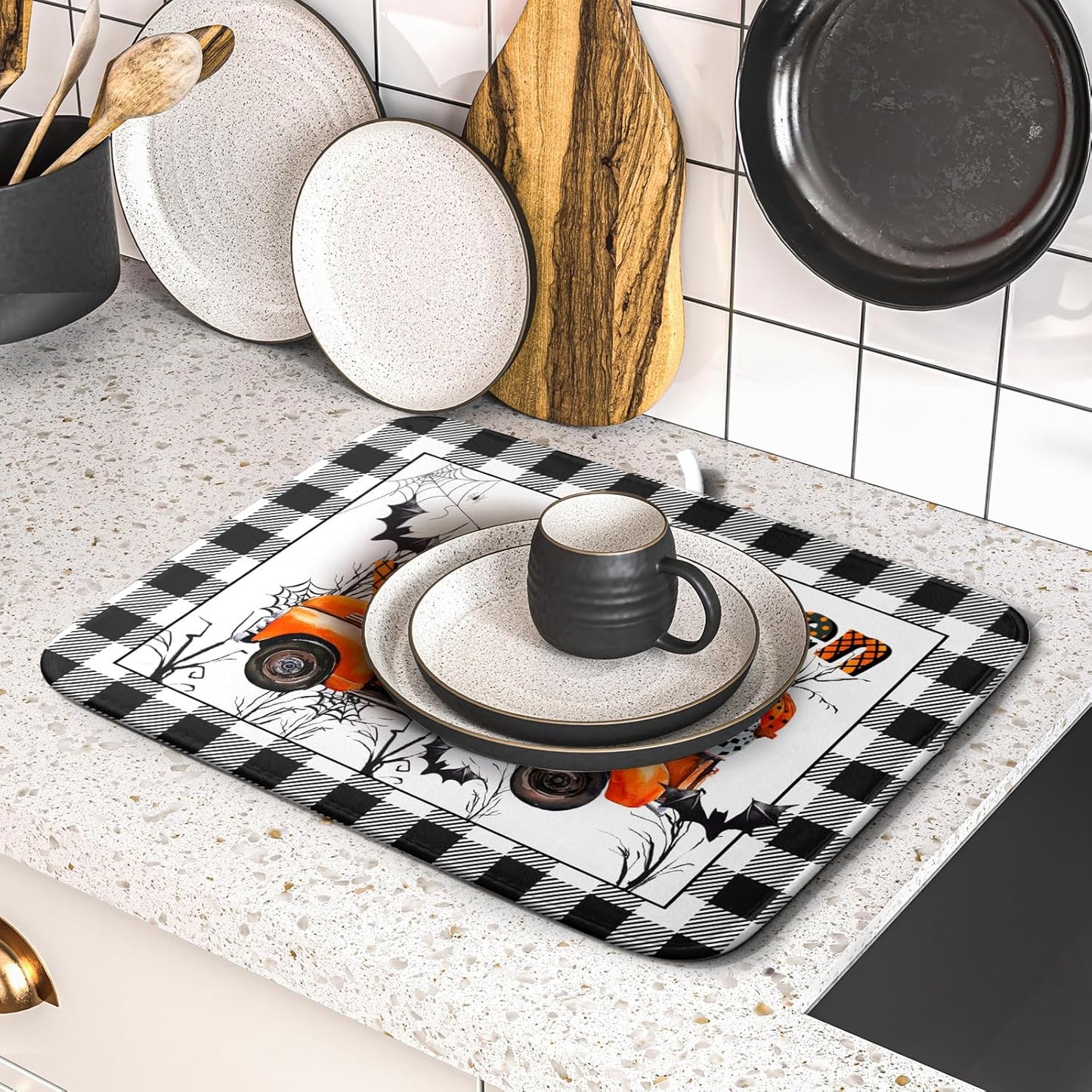 Holiday Truck Dish Drying Mat - Orange Holiday Absorbent Microfiber Dish Drying Pad for Kitchen Counter