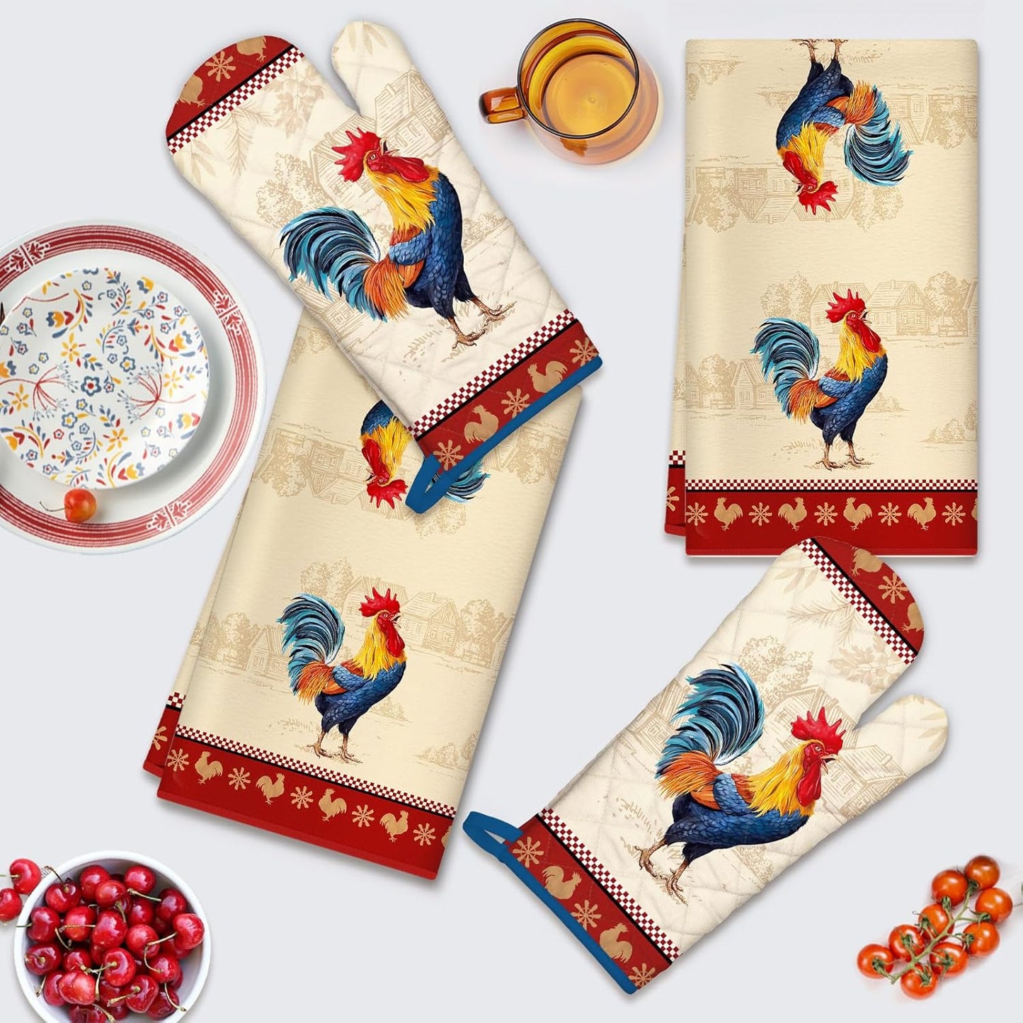 Farmhouse Rooster Kitchen Towels and Oven Mitts Set 4Pcs, Soft Absorbent Dish Cloth Heat Resistant Oven Gloves for Cooking Baking Kitchen Decoration, Gifts for Her