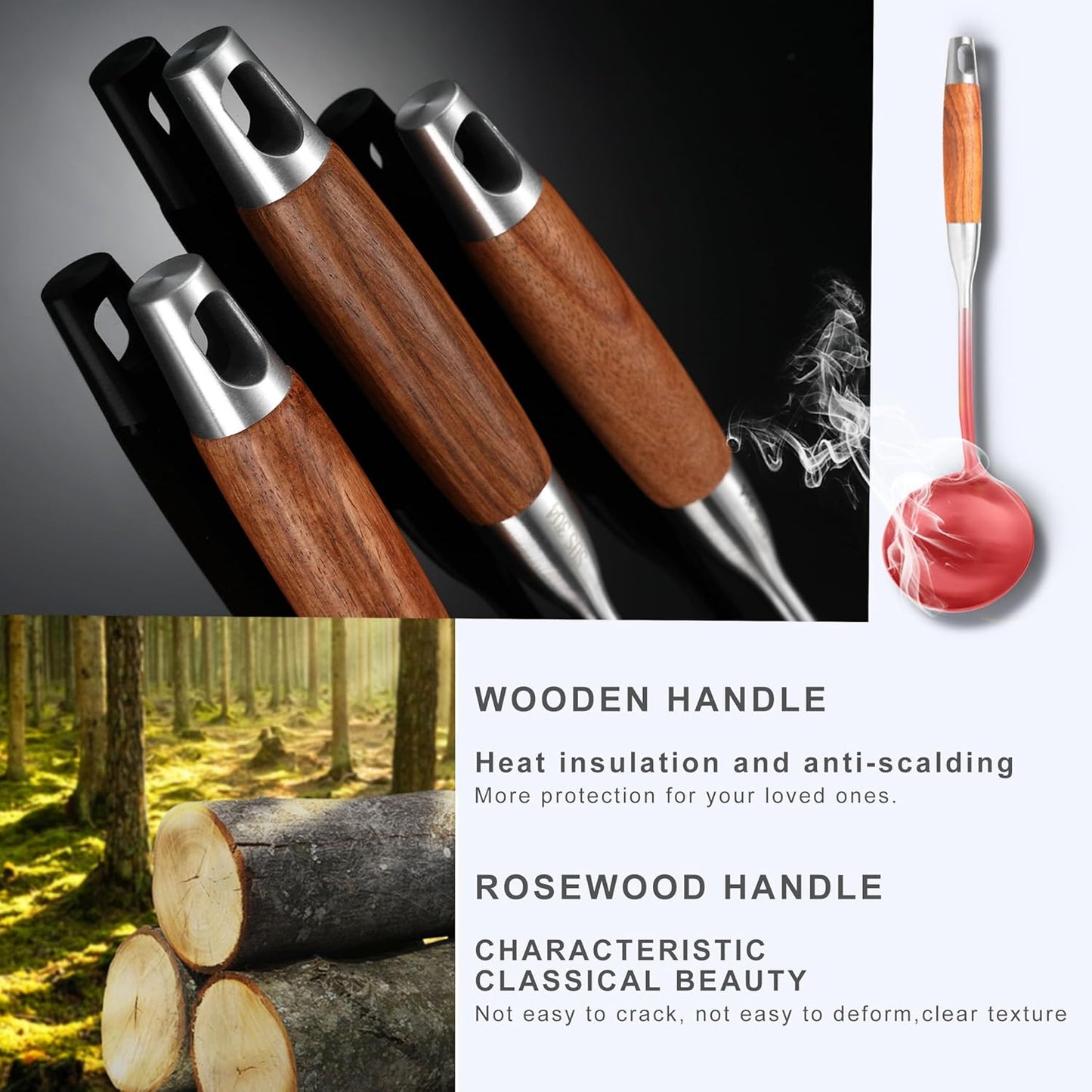 18/10 Stainless Steel Kitchen Utensils Set with Wooden Handle for Cooking 9 PCS with Solid and Slotted Spoon, Fork, Spatula, Ladle, Skimmer, Slotted Tunner, Spaghetti and Large Spoon