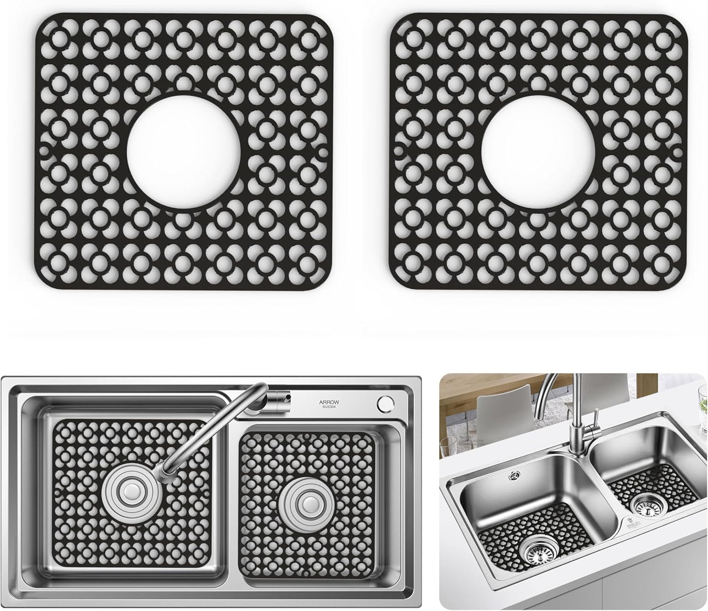 WAFT YEARN 2PCS Sink Mats Sink Protectors Dish Racks Dishwasher Safe Grid Mats for Kitchen Sink Silicone Protect Sink from Stains Damage Scratches Non Slip Heat Resistant Rust Resistant 11"X12" Black