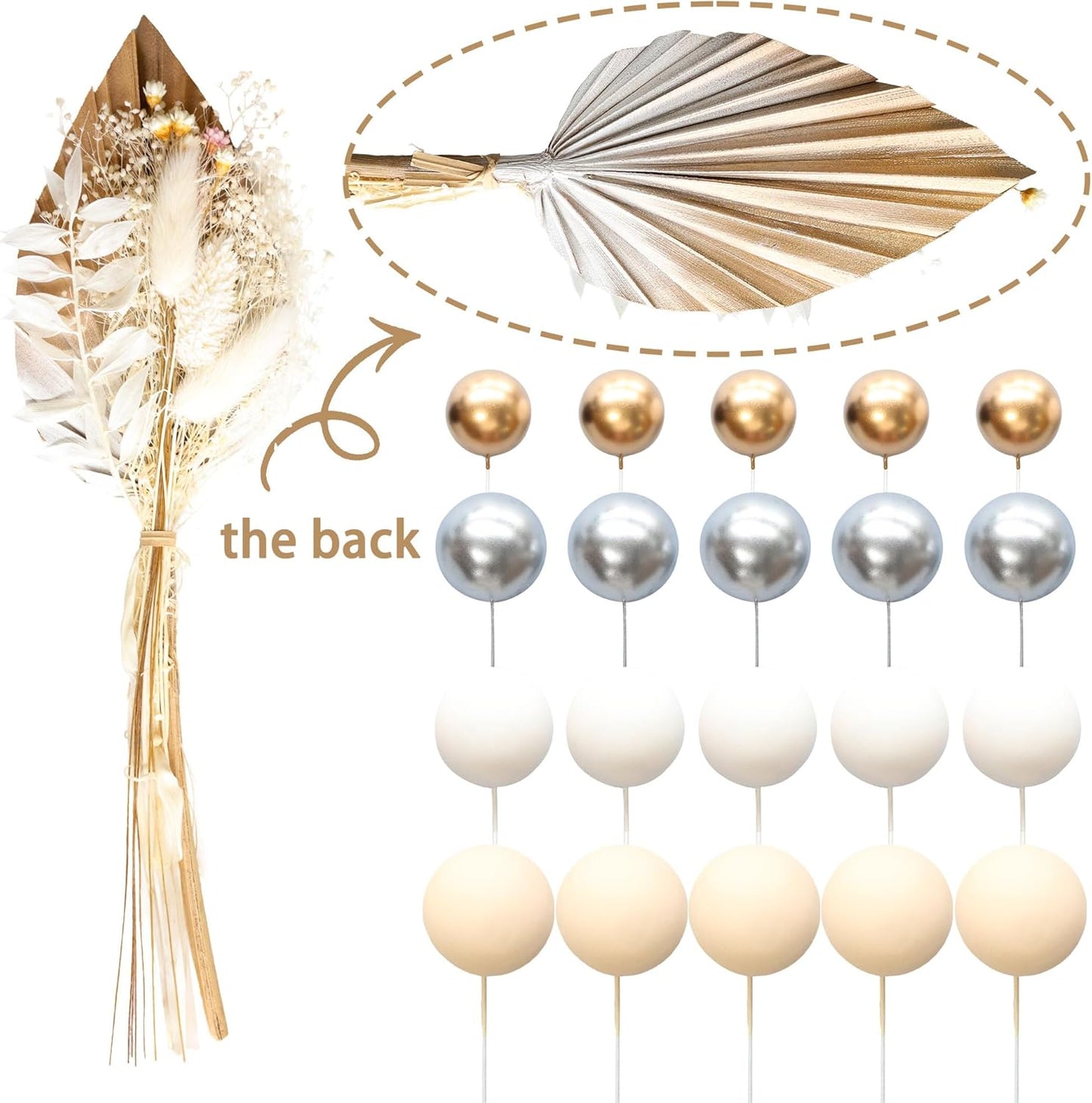 Gyufise 21 Pack Flower Boho Cake Topper Ball Cake Decorations Palm Leaves Plants Cake Decor for Girl Bohemian Princess Theme Wedding Baby Shower Birthday Party Supplies Gold White Khaki