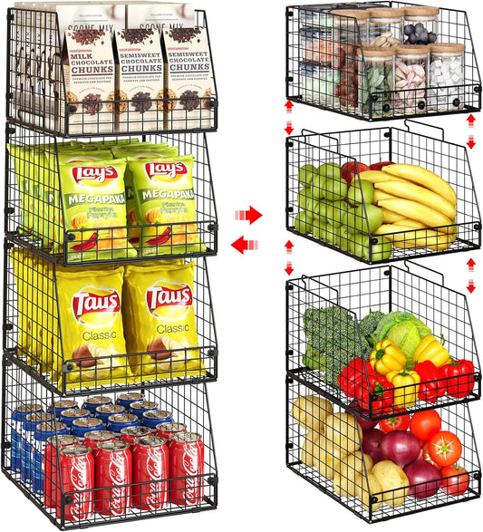 4 Pack XXL Stackable Wire Storage Basket, Extra Large Capacity Pantry Organizer and Storage, Muti-Purpose for Fruit Vegetable Basket & Toy Bin & Snack Organizer