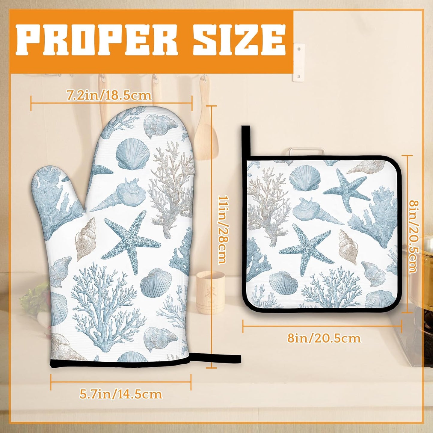 Starfish Oven Mitts and Pot Holders Set,Coral Shell Kitchen Oven Gloves and Pot Holder with Heat Resistant Non Slip for Cooking Baking Grilling(4 Piece Set)