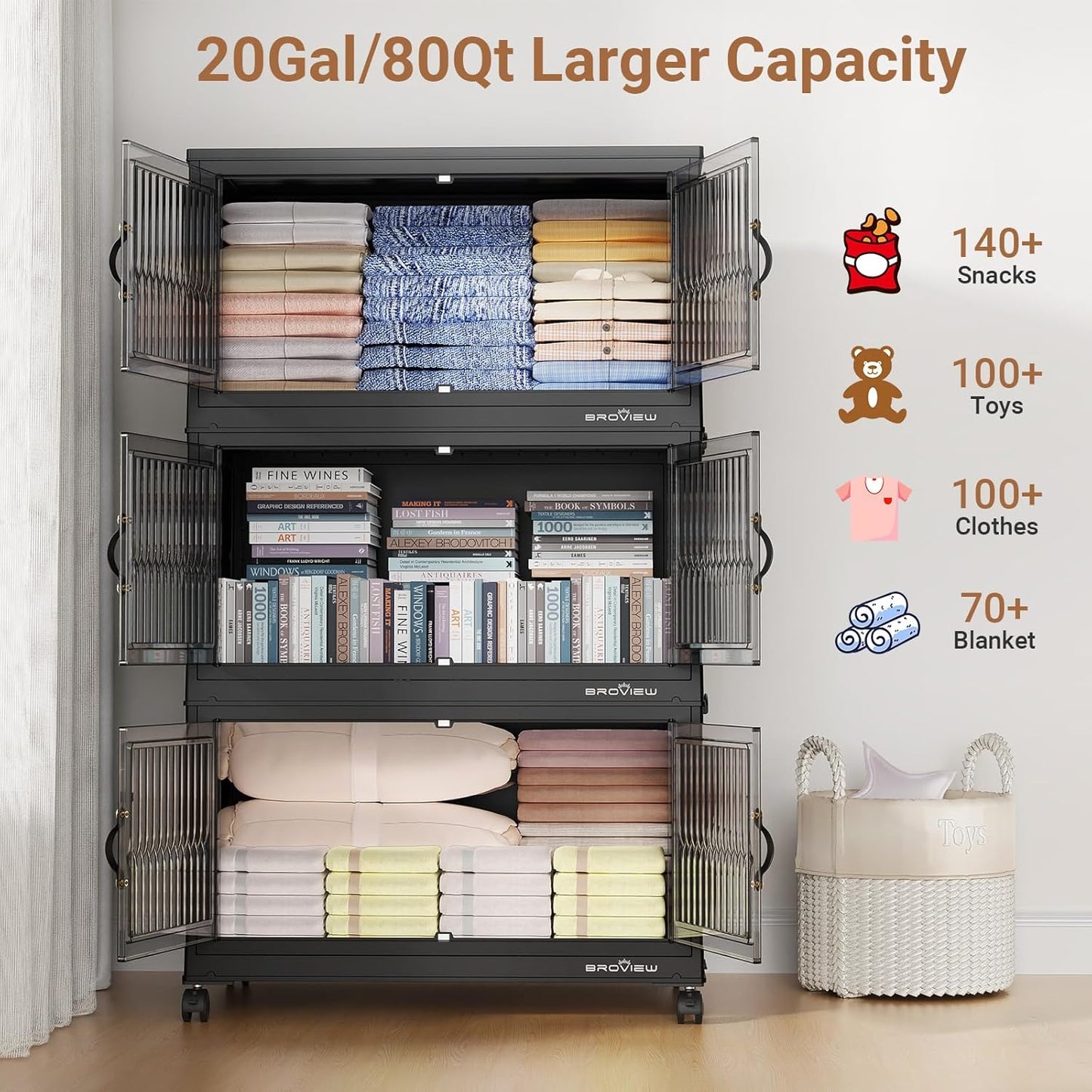 320Qt Stackable Storage Bins with Lid, Extra Large Closet Organizer Collapsible Drawer Boxes with Wheels, Folding Plastic Cabinet Containers for Home Kitchen Room Organization, 4Pack Black