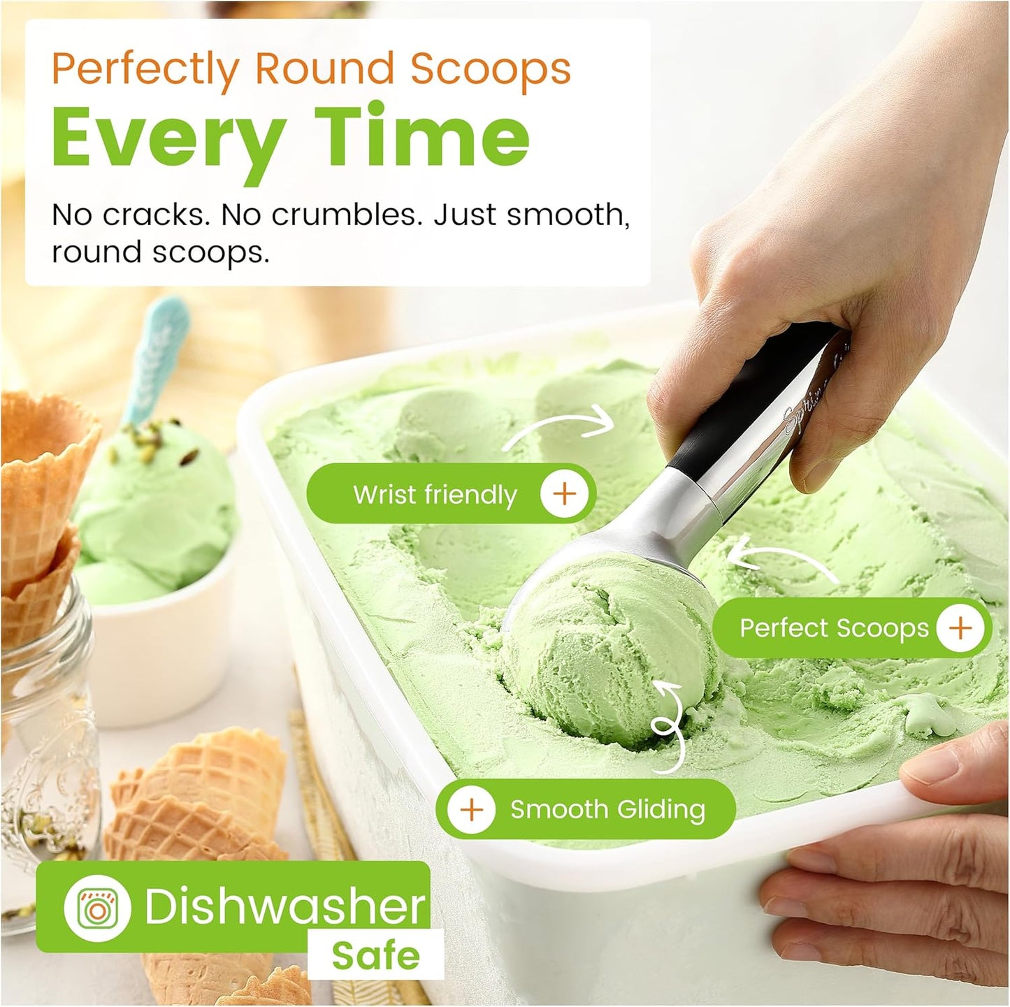 Spring Chef Heavy Duty Metal Ice Cream Scoop - Dishwasher Safe Ice Cream Scooper, Commercial Icecream Scoop Spade, Professional Kitchen Tool for Gelato, Melon, Sundae, Cookie Spoon - Black