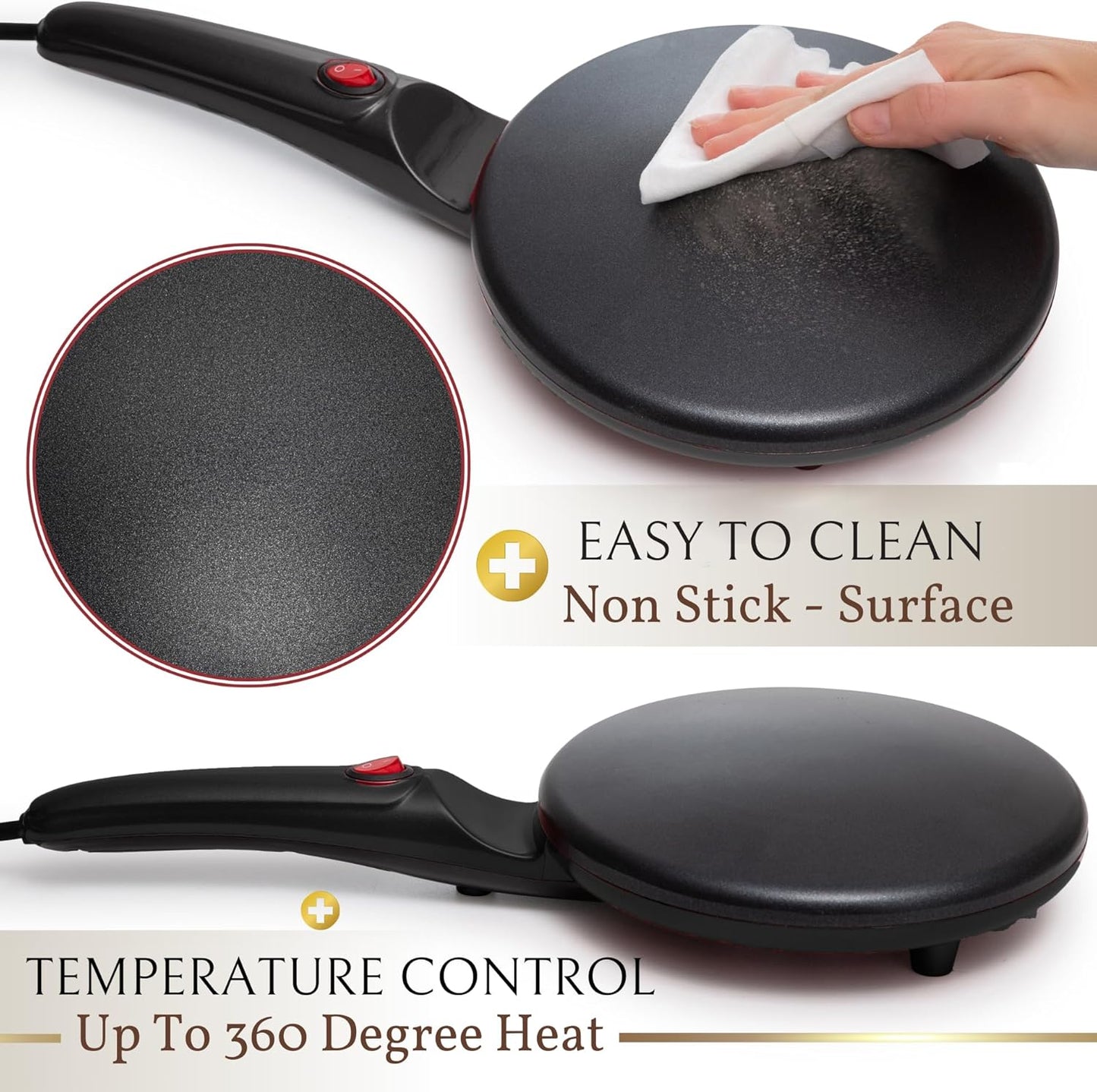 Moss & Stone Electric Crepe Maker – 8” Portable Crepe Pan Nonstick with Dipping Plate, Auto Shut-Off, On/Off Switch, Even Heating & One Automatic Temperature Control – Compact Crepe Maker