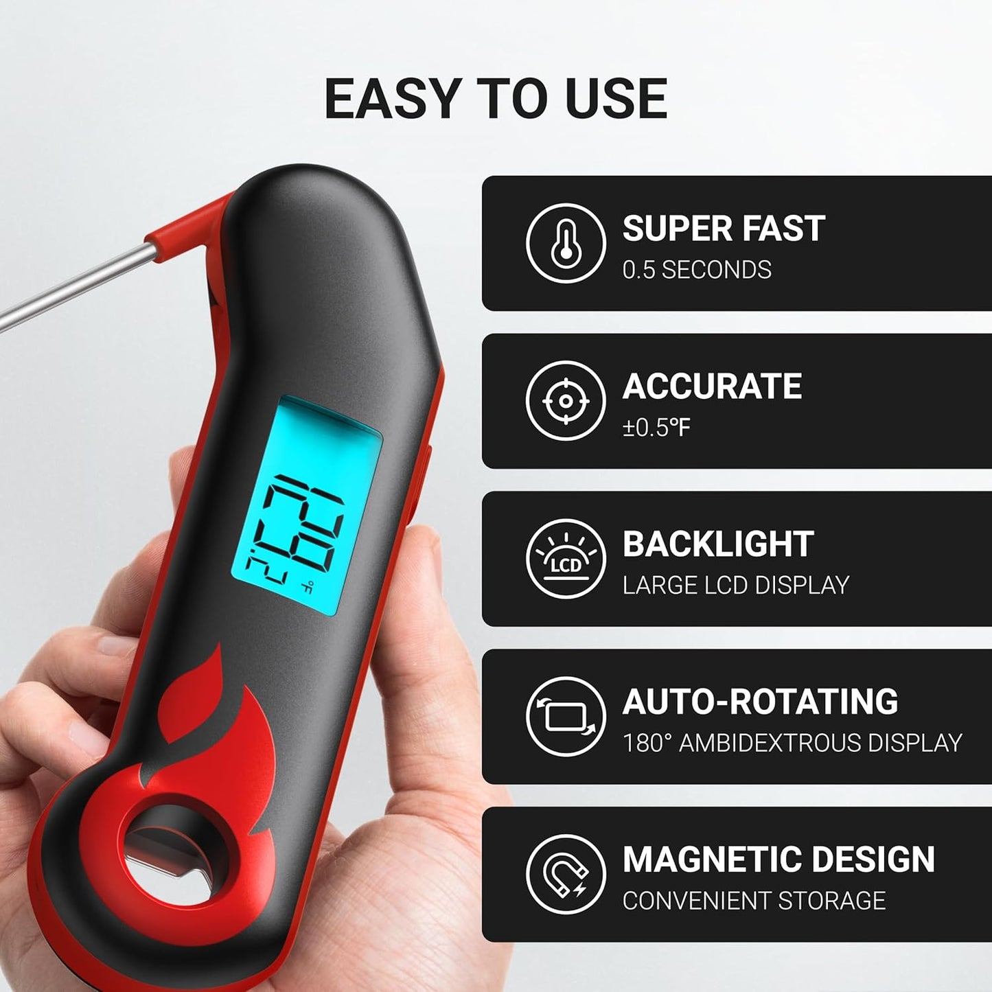 Professional Meat Thermometer, Instant Read in 0.5 Sec, NIST Certified Accuracy ±0.5°F, IP67 Waterproof, Ambidextrous Backlight & Auto-Rotating Display, for BBQ/Grill/Cooking, Black&Red
