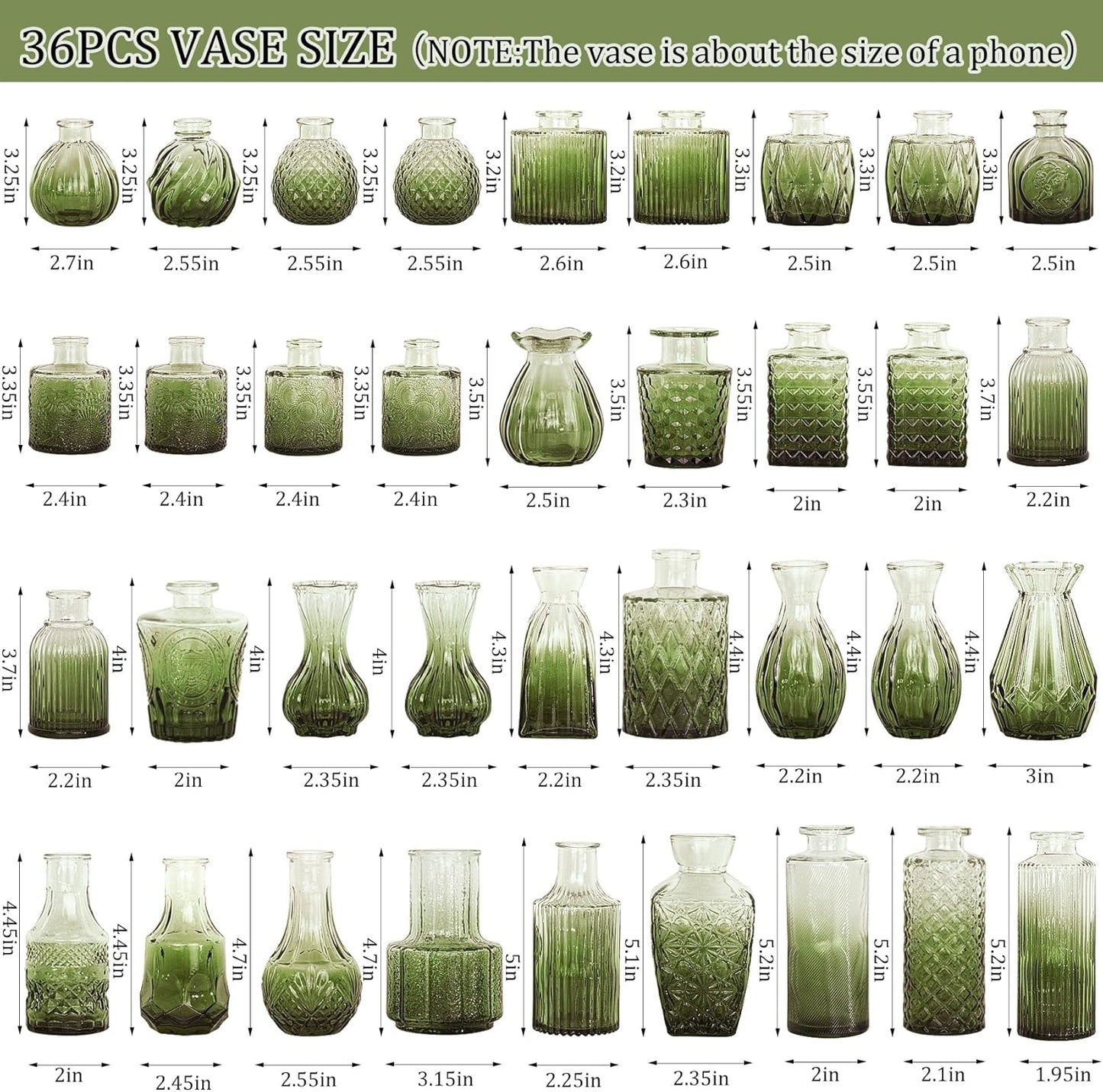 36Pcs Bud Vases Set Small Vintage Glass Bottles Bud Vases in Bulk Multiple Shape Cute Glass Vases for Rustic Wedding Centerpieces Table Decorations and Home Decor(Green)