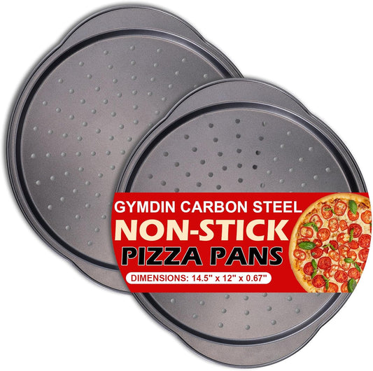 Pizza Pan for Oven - 13" Round Pizza Pans with Holes(2 Pack), Non-stick Carbon Steel Pizza Trays with Handle, Easy to Clean & Oven Safe