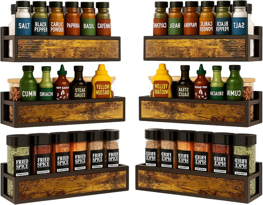 Spice Rack Wall Mount 6 Pack, Space-Saving Seasoning Organizer,Screw or Adhesive Hanging Spice Rack Organizer for Kitchen Cabinet and Wall (Engineered Wooden)