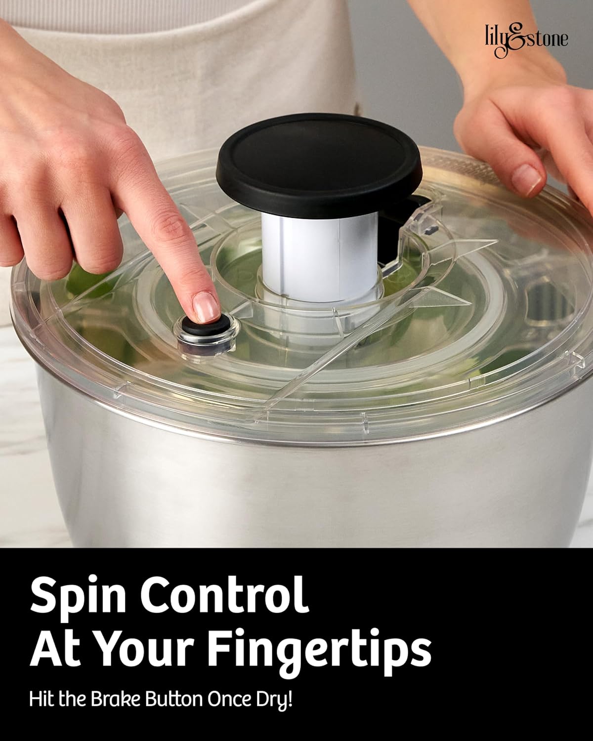 lily&stone Large Stainless Steel Pump Salad Spinner with Drain, Bowl, and Colander - Quick and Easy Multi-Use Lettuce Spinner, Vegetable Dryer, Fruit Washer, Pasta and Fries Spinner - 6.33 Qt