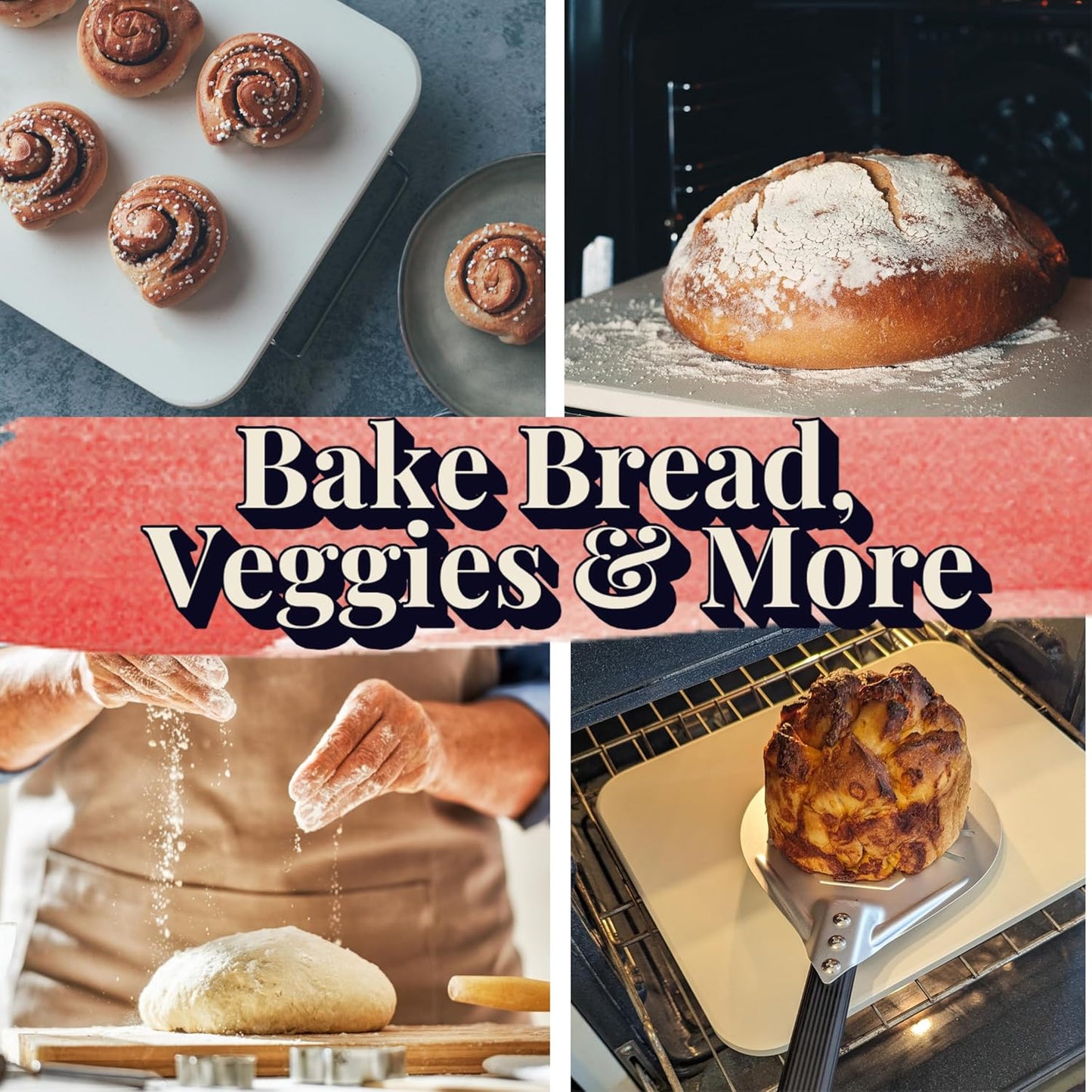 Pizza Stones for Oven - Pizza Stone for Grill with Handles, Wooden Peel and Dough Cutter - 15 inch x 12 inch Grilling Stones - Baking Stone for Bread - Pizza Making Set