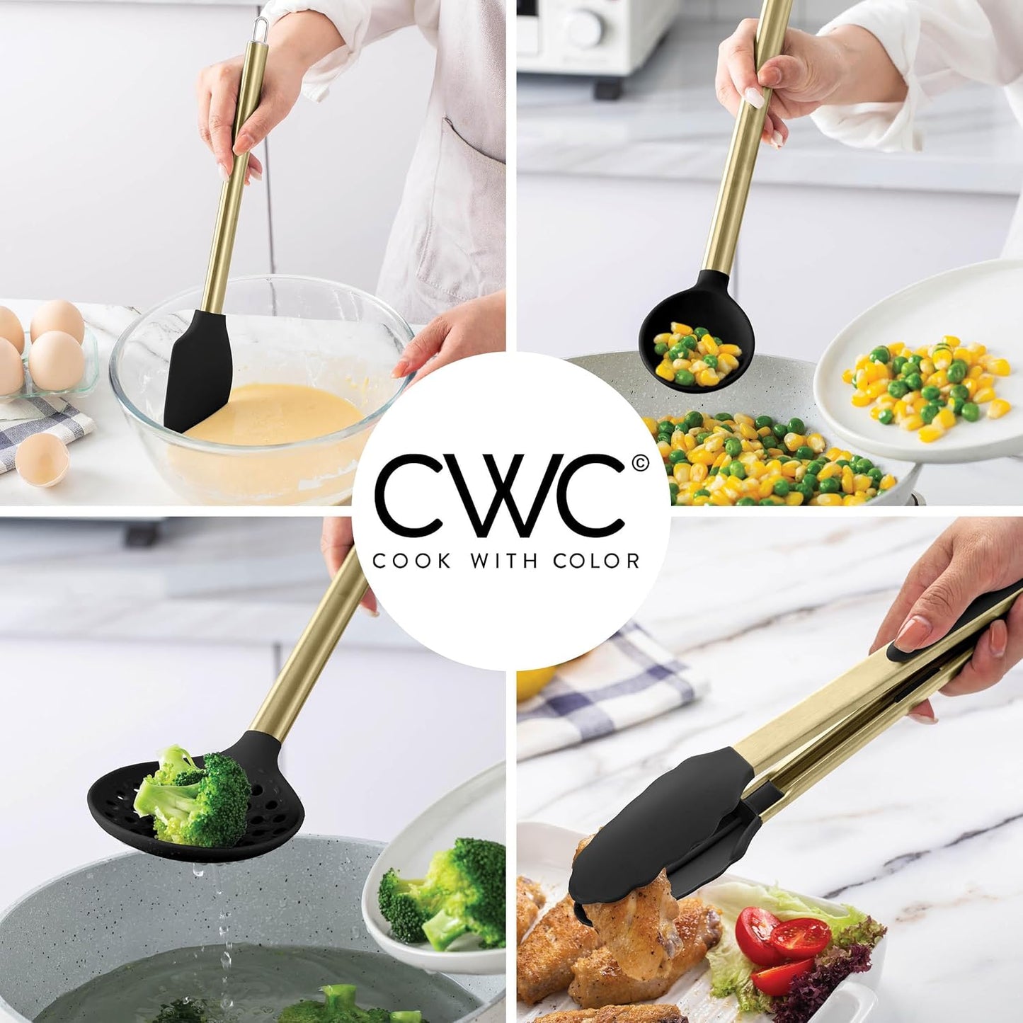 COOK WITH COLOR Silicone Cooking Utensils, Kitchen Utensil Set, Easy to Clean Silicone Kitchen Utensils, Cooking Utensils for Nonstick Cookware, Kitchen Gadgets Set with Holder, 10 Pieces