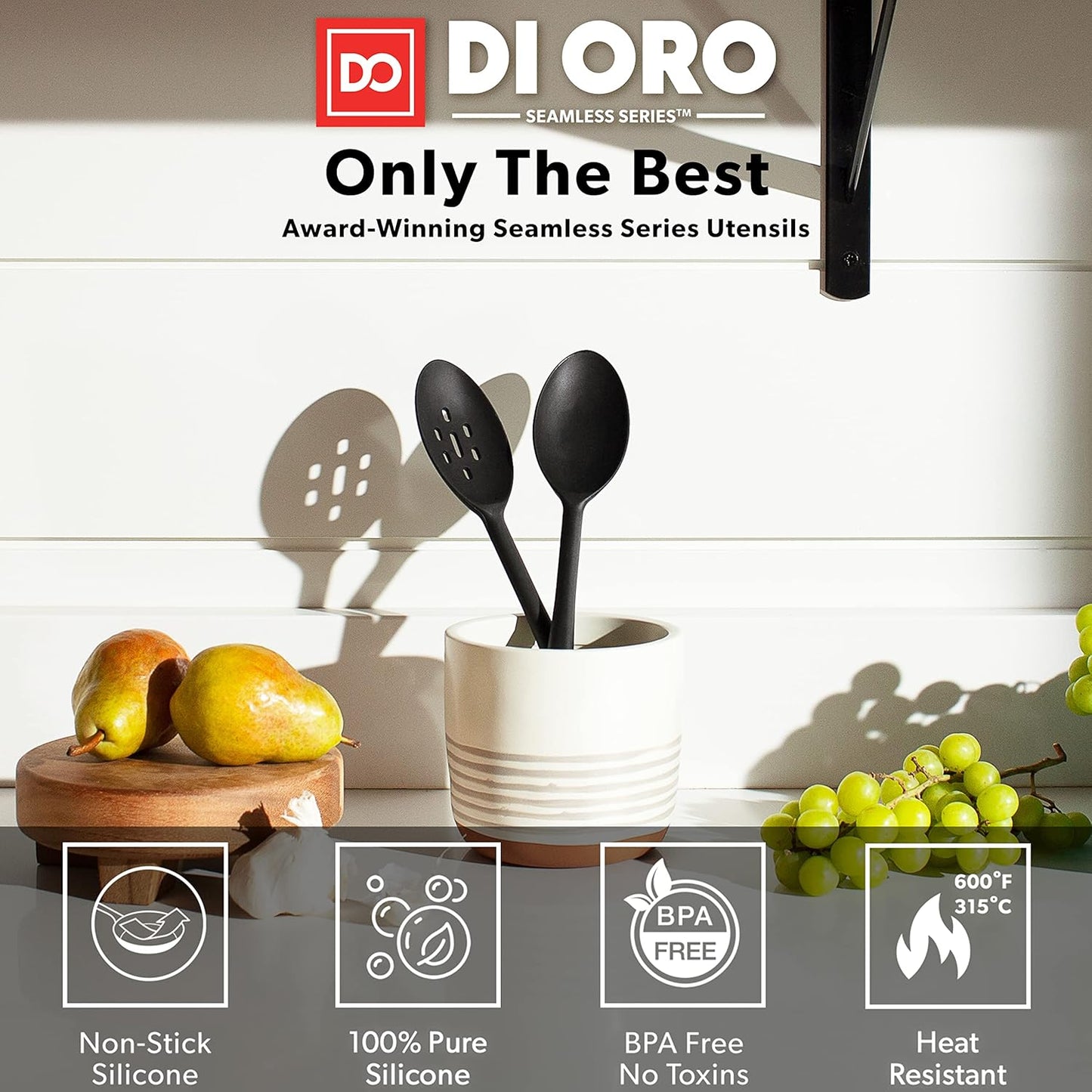DI ORO Silicone Spoons for Cooking - Large Kitchen Spoons for Mixing, Serving, & Stirring - 600°F Heat-Resistant Non Stick Utensils – Big Solid & Slotted - Dishwasher Safe (2pc, Black)