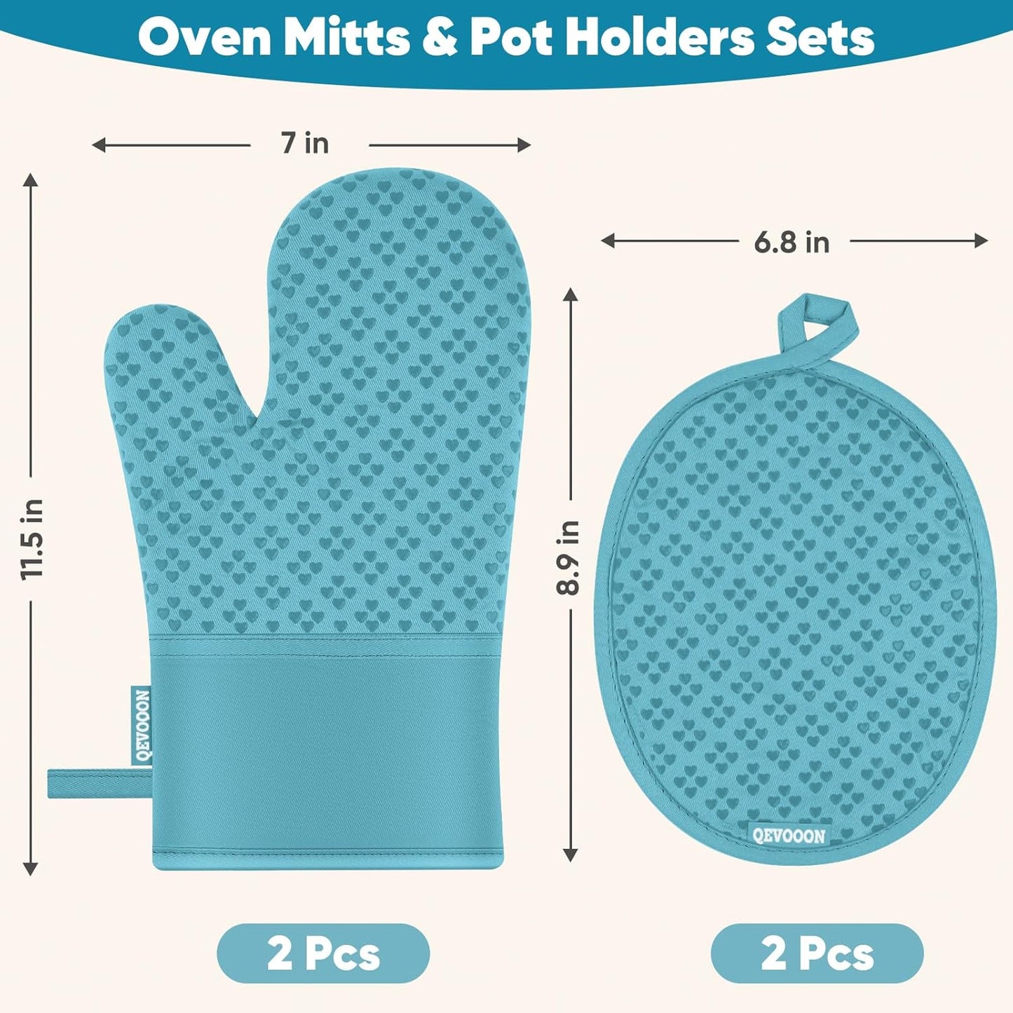 Oven Mitts and Pot Holders 4 Sets, Heat Resistant 500 ℉ Oven Mitt and Pot Holder,Oven Glove&Potholders with Non-Slip Silicone Surface,Kitchen Essentials for Cooking/Baking/BBQ-Lake Blue