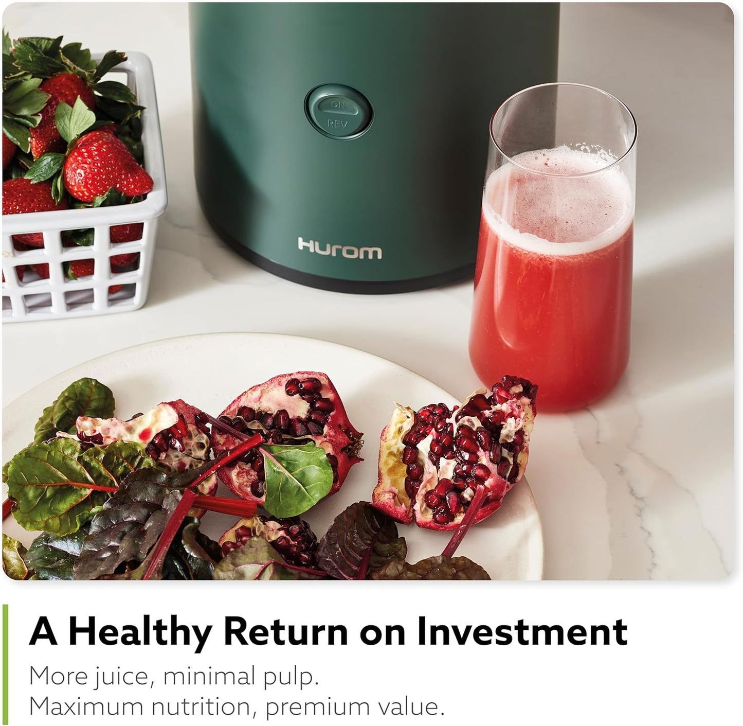 Hurom H320 Cold Press Juicer Machine, Easy to Clean Masticating Slow Juicer, Coarse Strainers, Self-Feeding, Hands Free, Family Size, Quiet Motor, Easy Assembly (Kale/Dark Green)