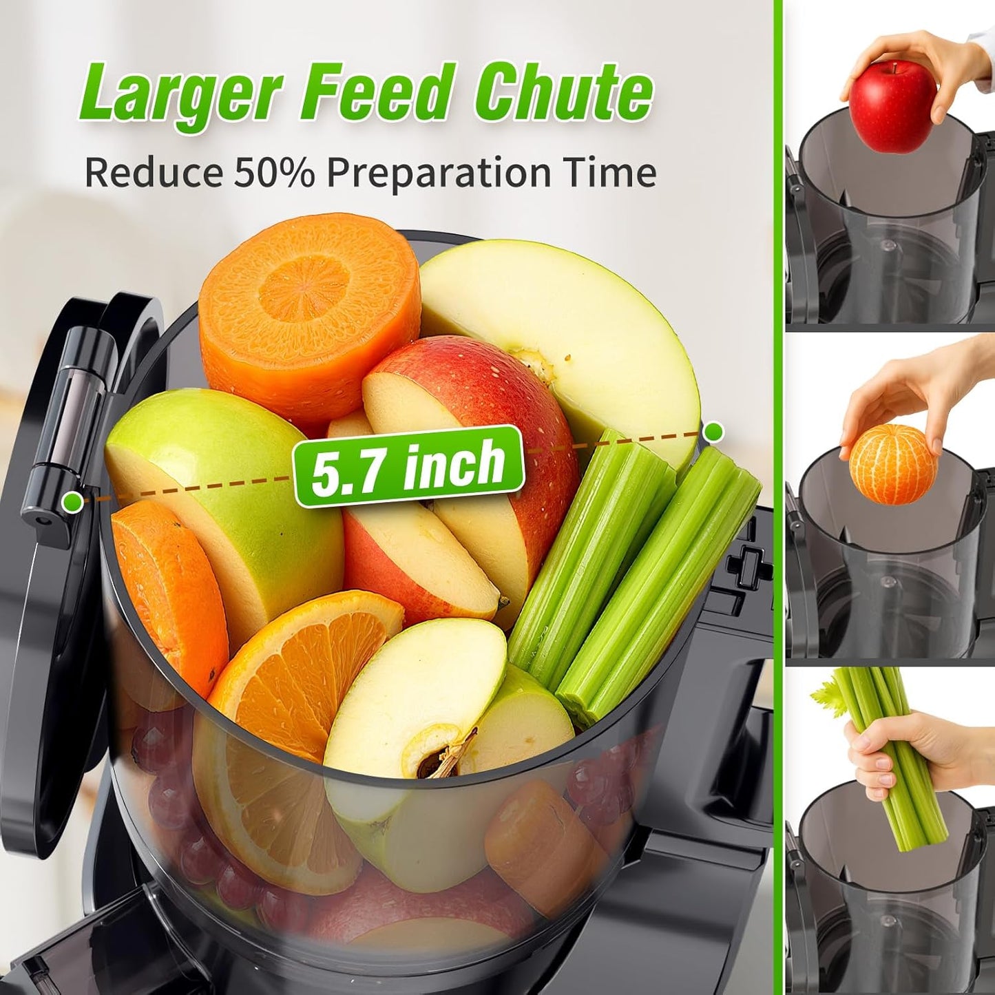VENNXE Cold Press Juicer, Masticating Juicer with 5.7" Large Feed Chute for Whole Vegetables and Fruits, Dual Auger Juice Extractor Machines for High Juice Yield, Easy to Clean and Assemble, Black