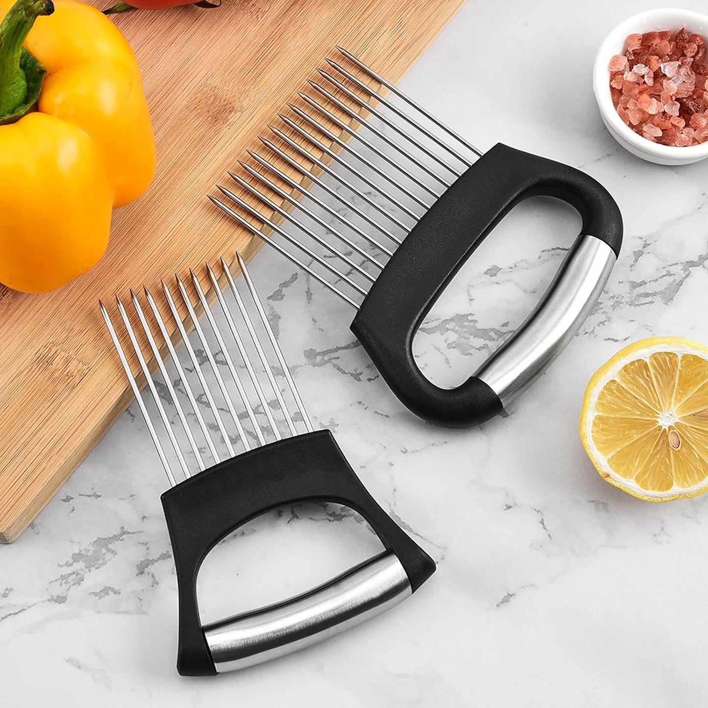 Stainless Steel Onion Slicer Holder, Onion Holder for Slicing & Onion Cutter, Tomato Slicer for Vegetables (Onions, Tomatoes, Potatoes, Avocados, Eggs), Kitchen Slicing Assistant Tool (B-2 PCS)