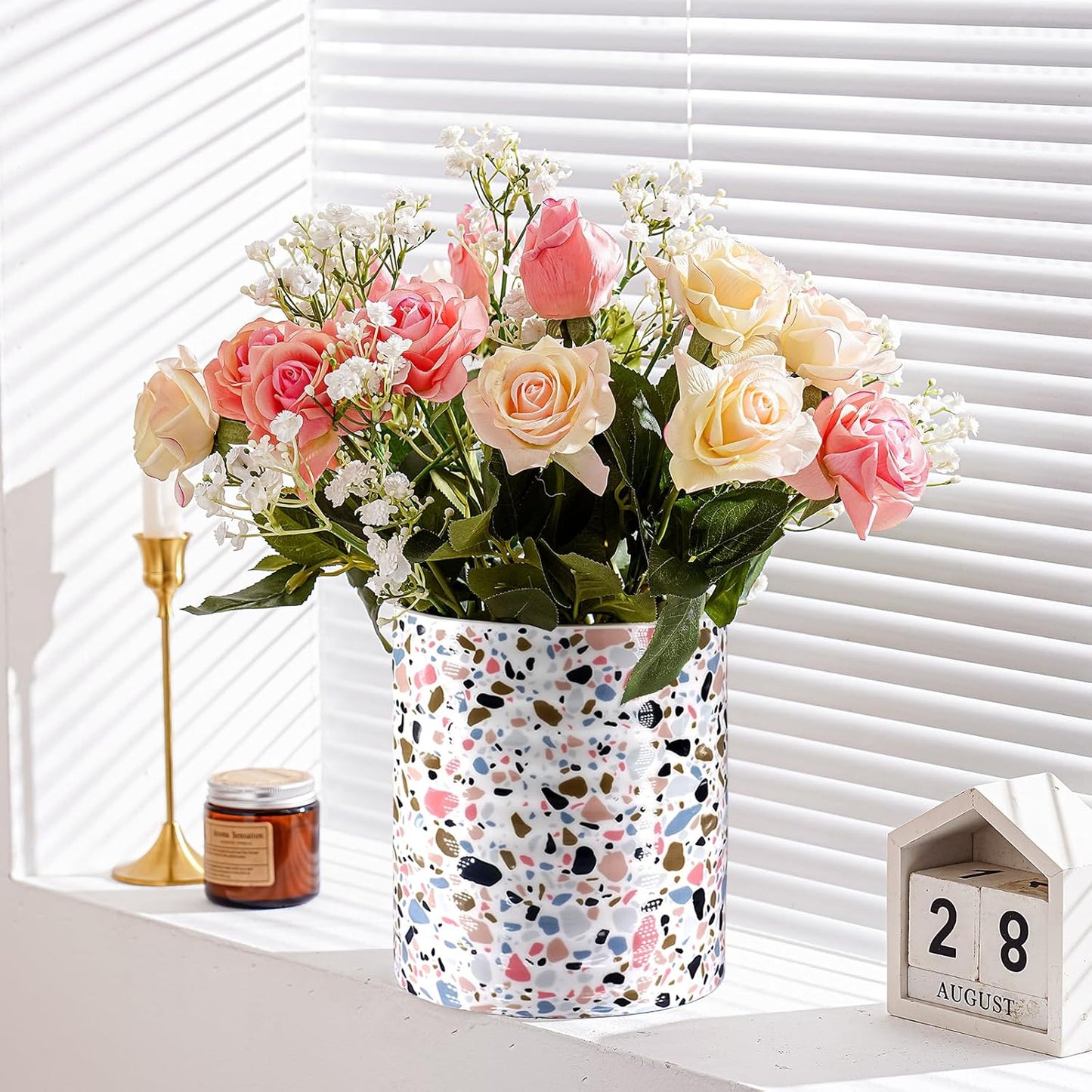 Kitchen Utensil Holder,7.2″Extra Large Stable Terrazzo Marble Pattern Ceramic Utensil Crock,Utensil Organizer for Countertop,Kitchen Decor,Utensil Holder for Housewarming,Wedding Gift Pink