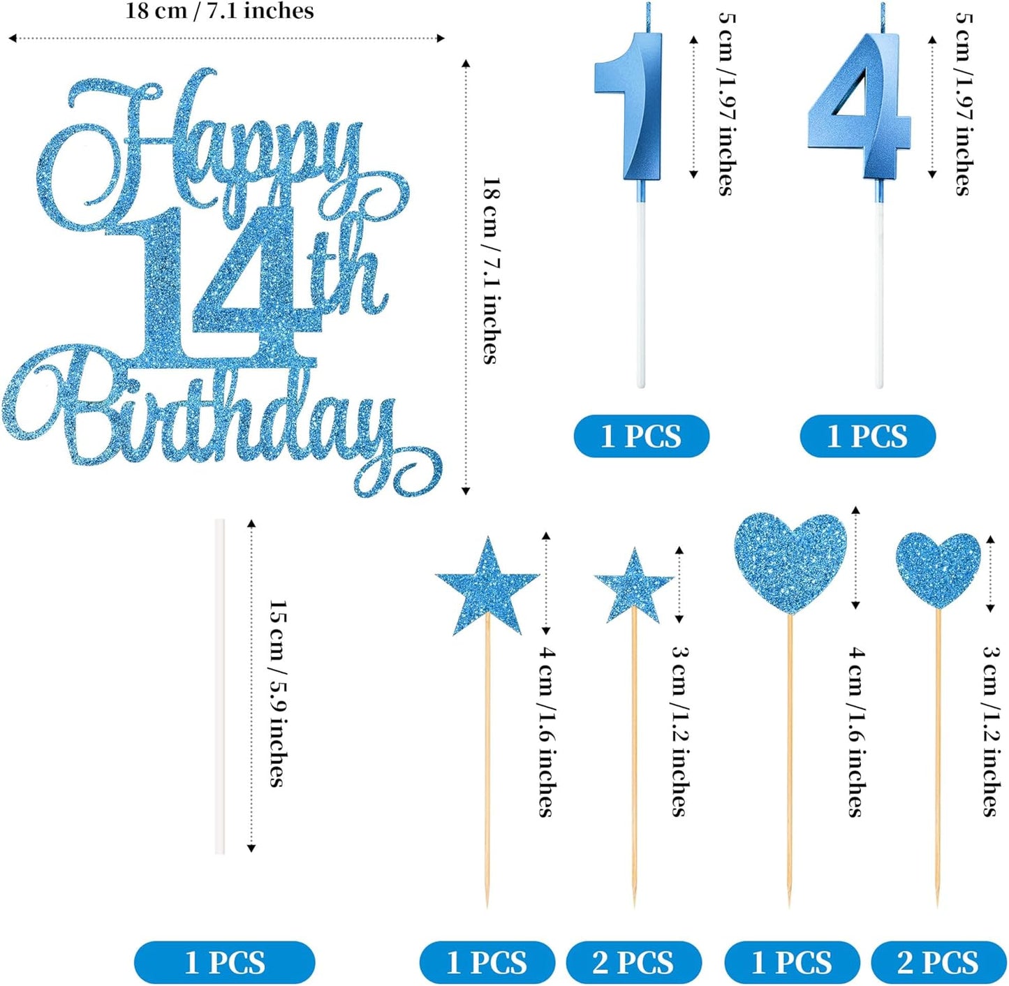14th Birthday Cake Decorations, 14th Birthday Candles Cake Numeral Candles and Glitter Happy 14th Birthday Cake Toppers Set for Birthday Party Supplies (Blue)