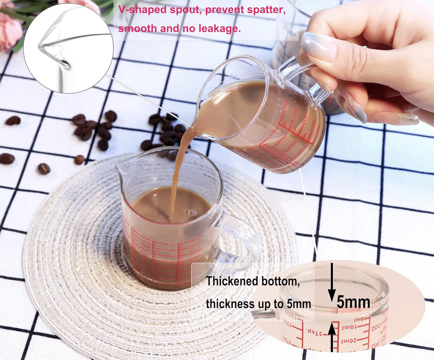 Measure Glass -[Insulated handle | V-Shaped Spout]-Made of High Borosilicate Glass Measuring for Kitchen or Restaurant, Easy to Read, 60 ML (2 Oz) 丨(2 Pack)